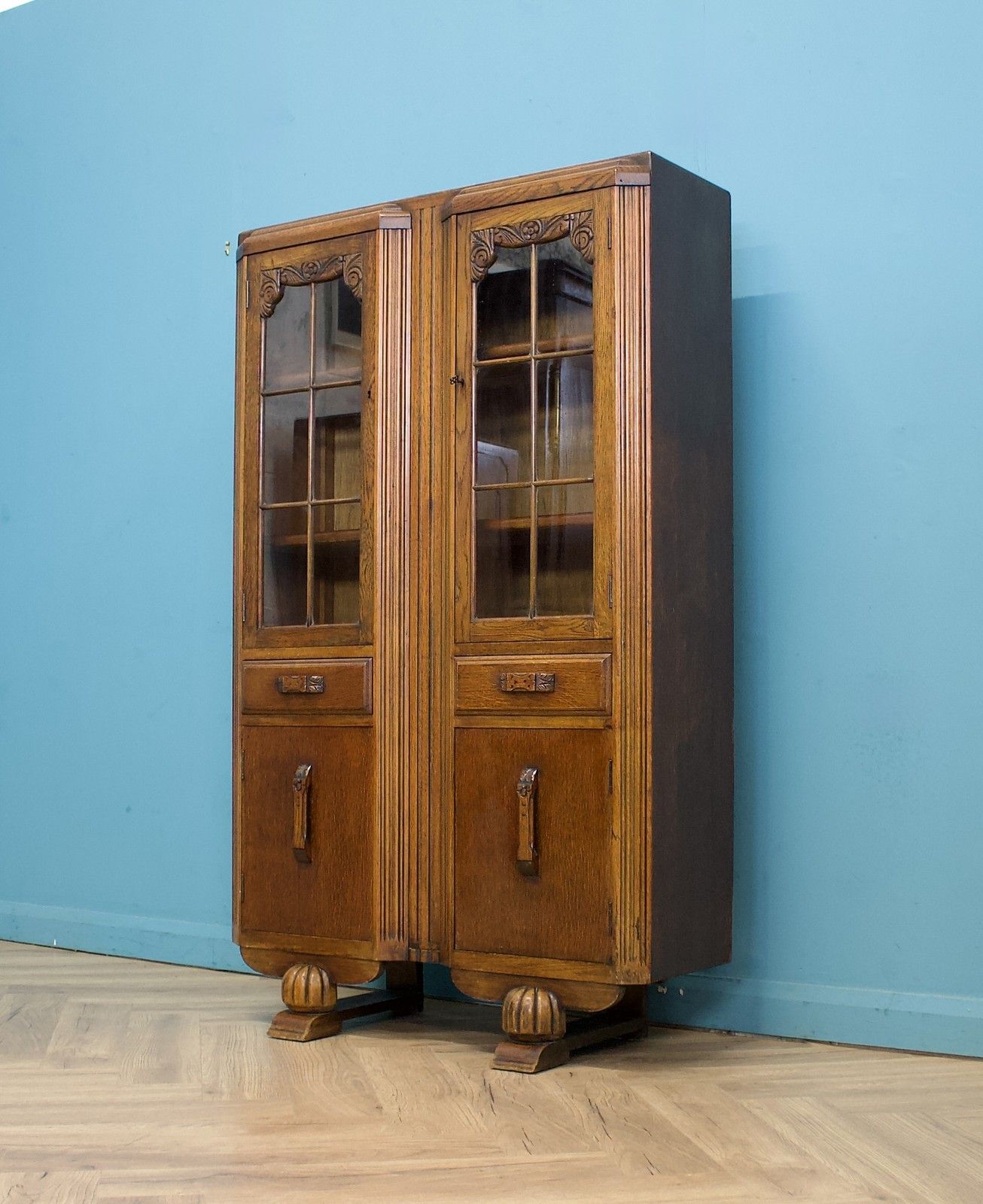 Vintage Oak Art Deco Glazed Bookcase Display Cabinet, 1930s #1779 photo for sale