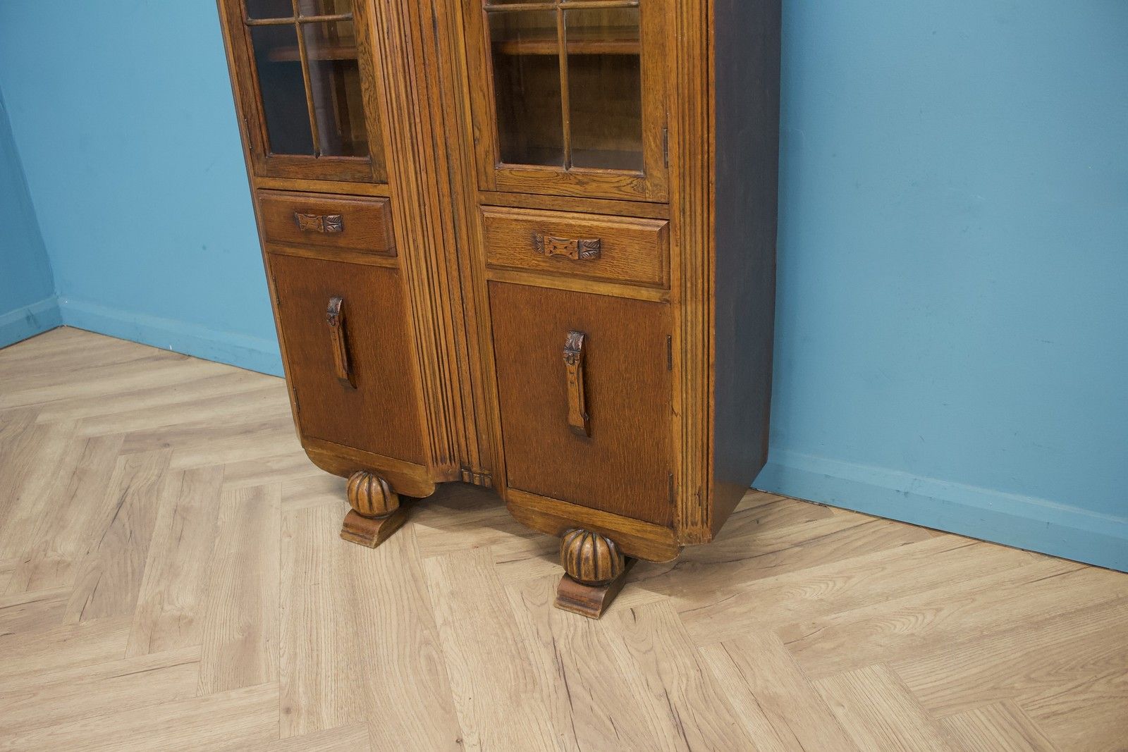 Vintage Oak Art Deco Glazed Bookcase Display Cabinet, 1930s #1779 photo vinterior