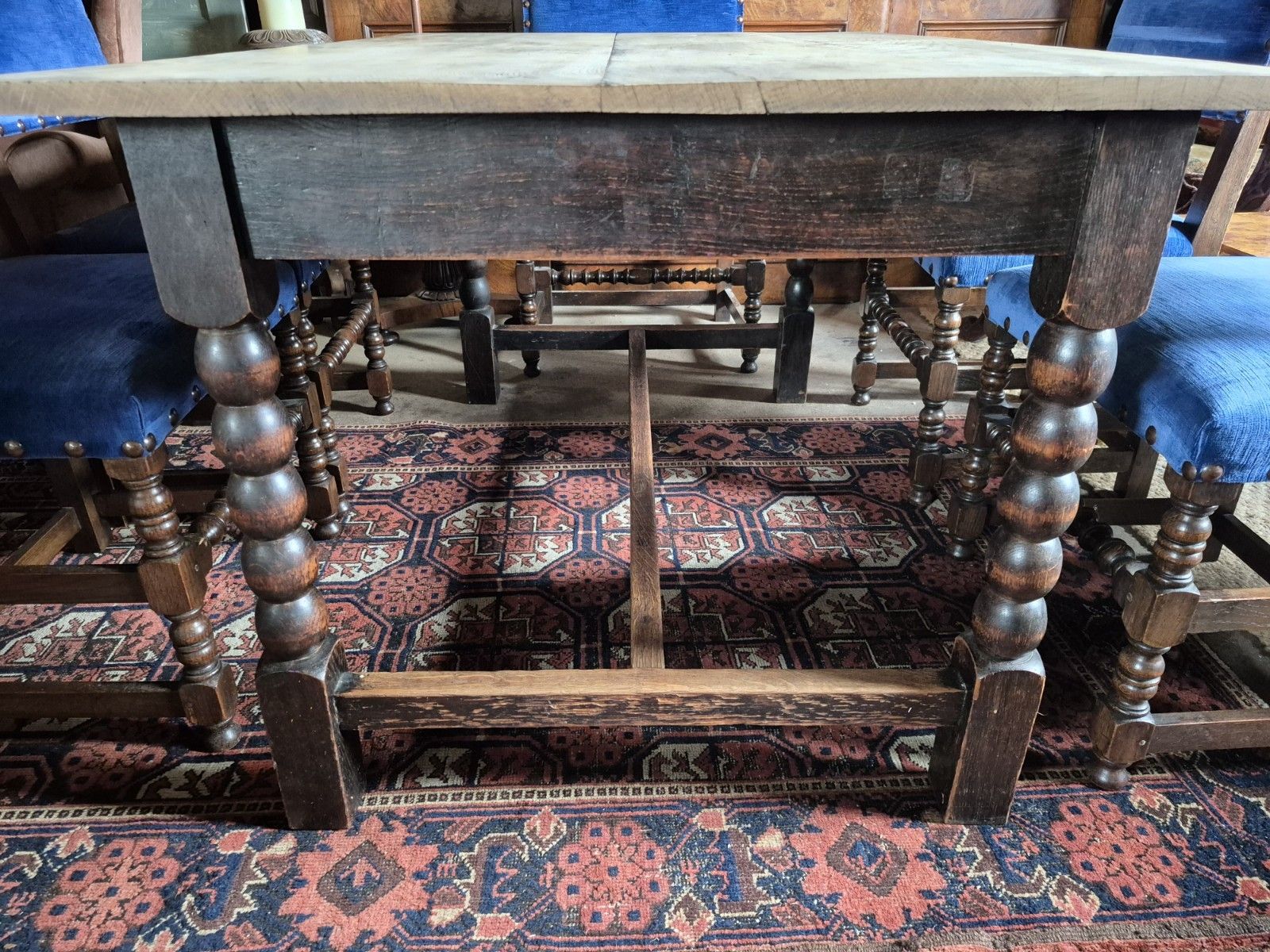 photo vinterior Very Handsome 1930s Bobbin Turned Oak Jacobean Revival H Stretcher Dining Table