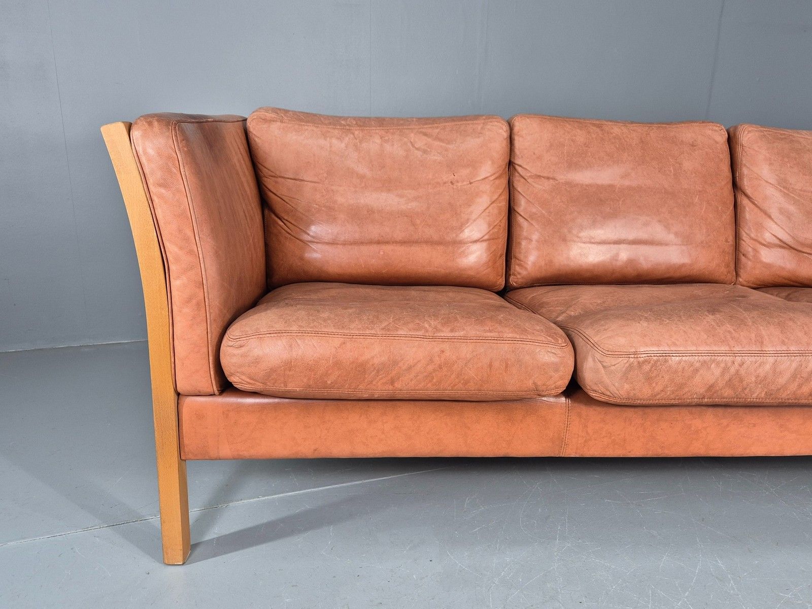 Vintage 3 Seater Sofa Tan Leather Stouby Style 1980s Retro Mcm Eb10104 photo furniture