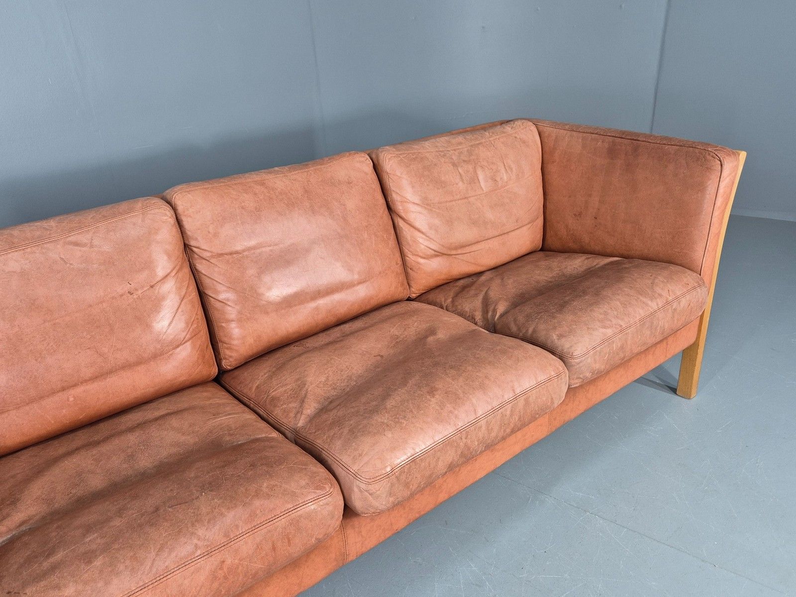 Vintage 3 Seater Sofa Tan Leather Stouby Style 1980s Retro Mcm Eb10104 photo for sale