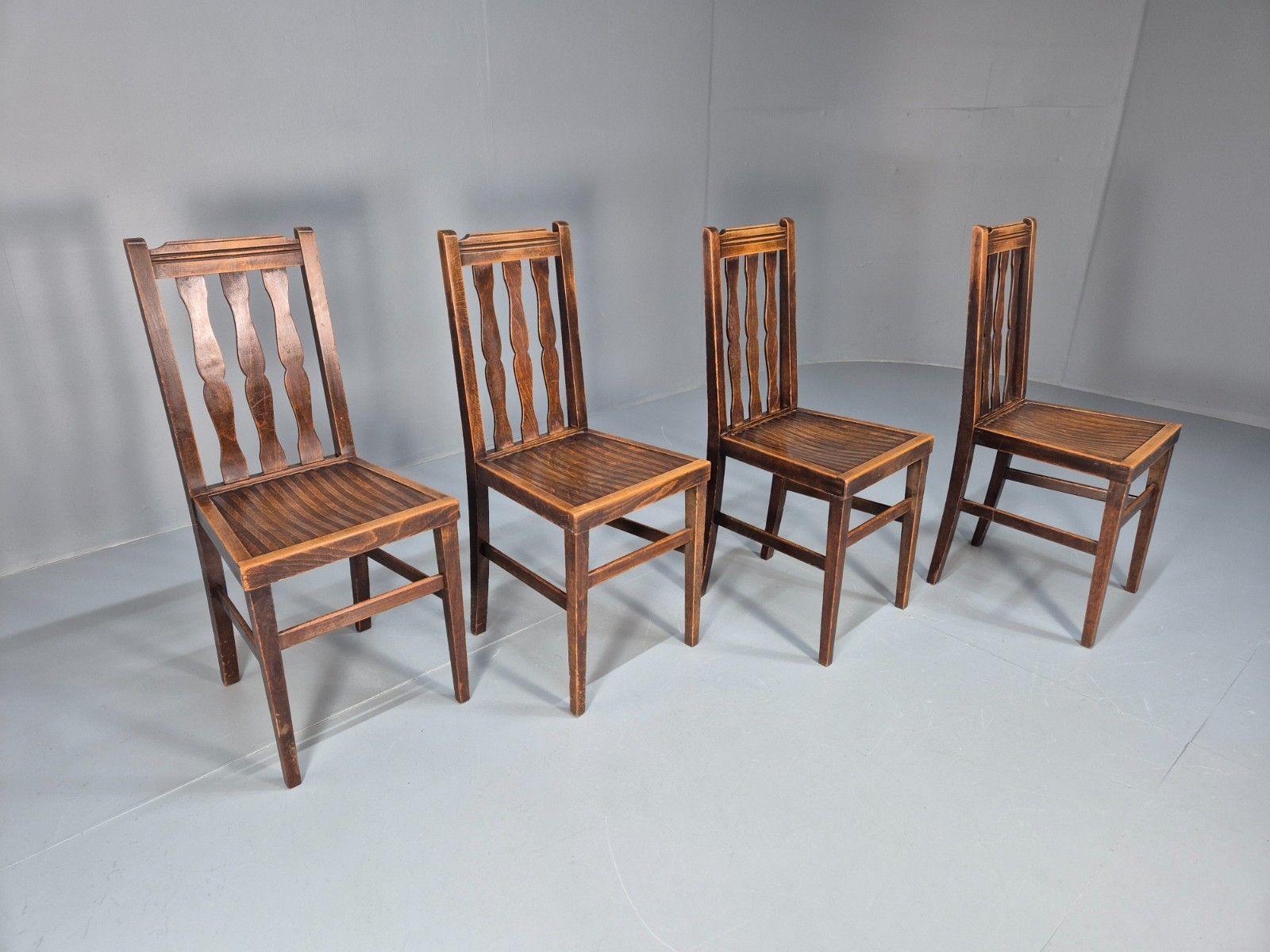 photo for sale Vintage 1920s Dining Chairs Beechwood Solid Seats Robust Unusual Eb10704 Vdin