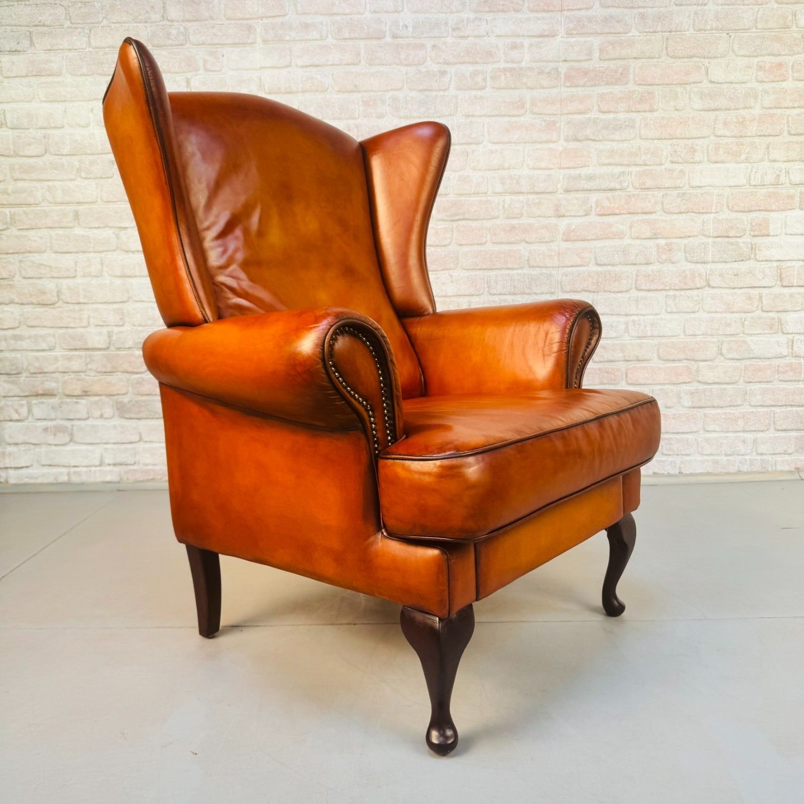 Vintage Danish Wingback Chair Tan Leather | Scandinavian Lounge Armchair photo for sale