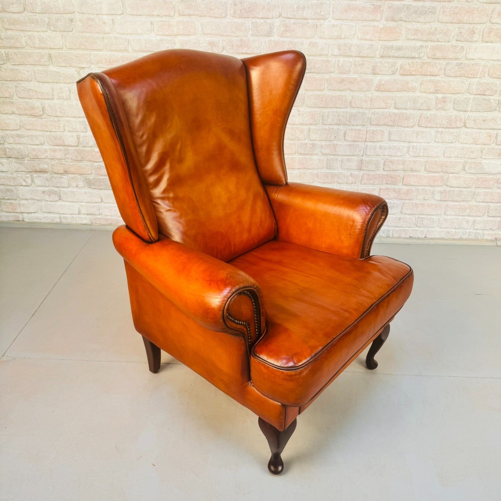 Vintage Danish Wingback Chair Tan Leather | Scandinavian Lounge Armchair photo vinterior