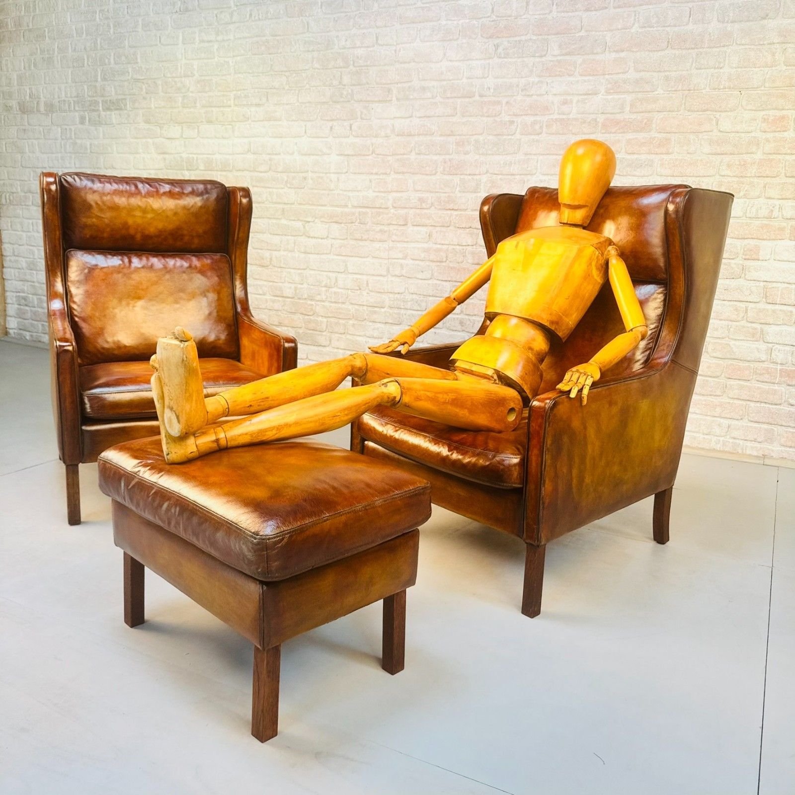 Pair Vintage Danish Wingback Chairs & Footstool Tan Leather Lounge Set photo furniture