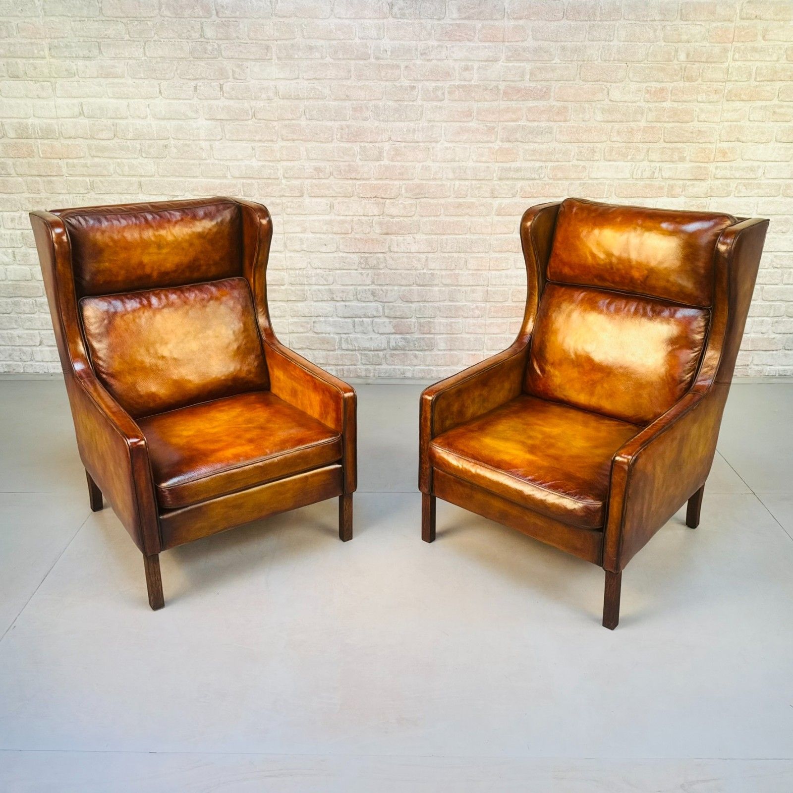 Pair Vintage Danish Wingback Chairs & Footstool Tan Leather Lounge Set photo Furniture