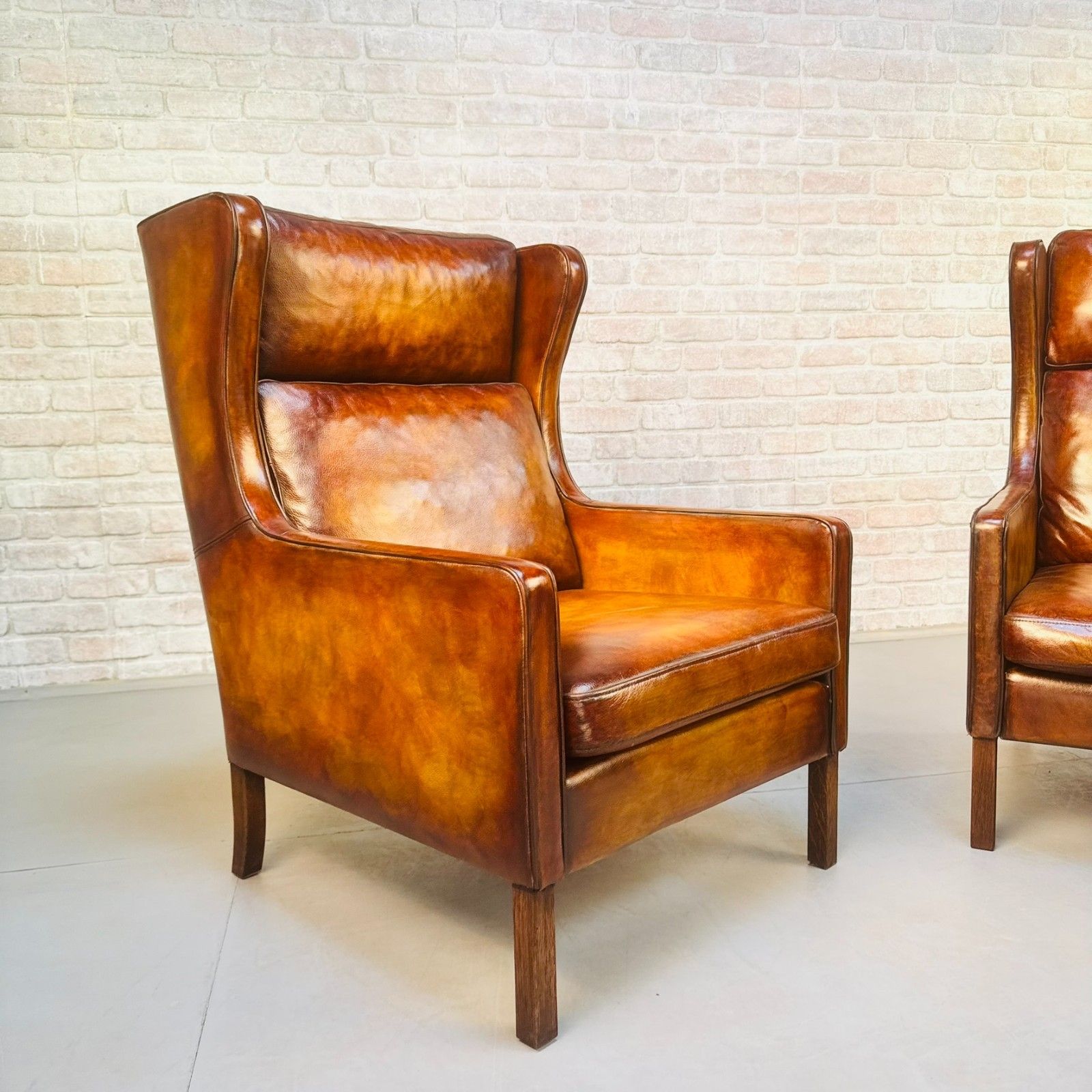 Pair Vintage Danish Wingback Chairs & Footstool Tan Leather Lounge Set photo vintage