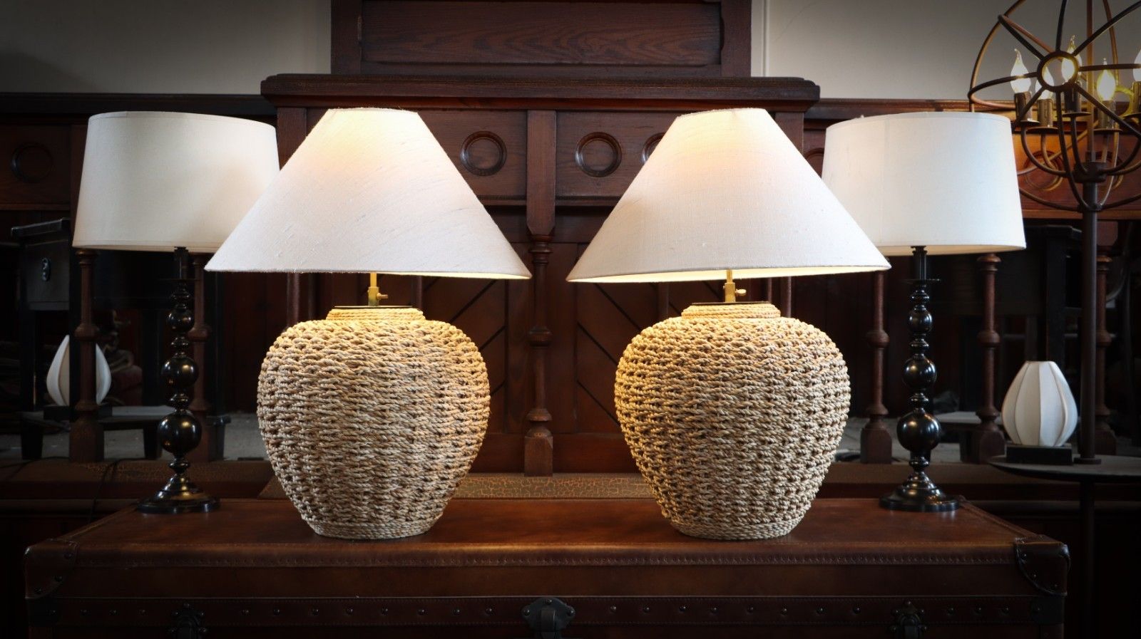Stunning Pair Large Lombok Natural Rattan Woven Table Lamps Pure Silk Shades photo Lighting