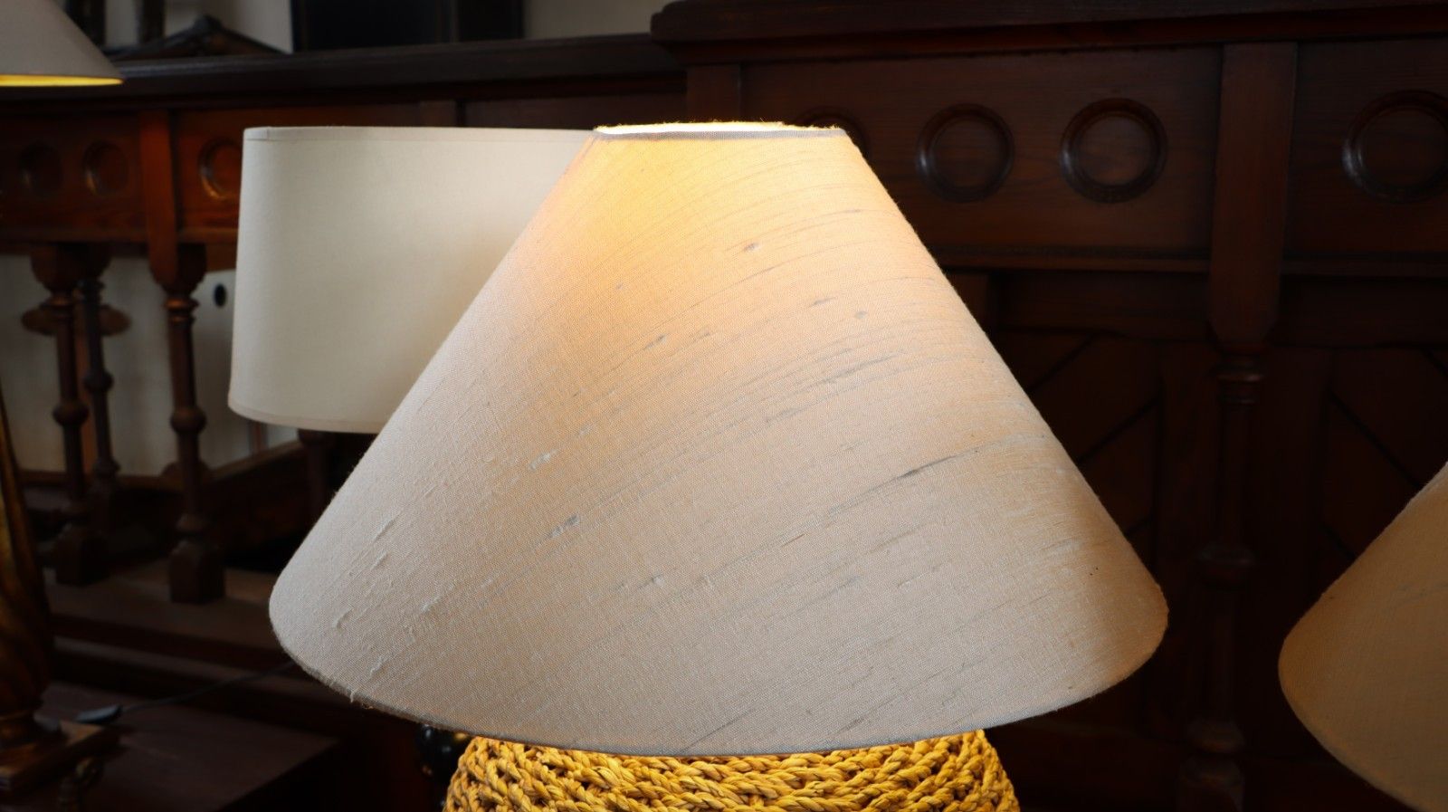 Stunning Pair Large Lombok Natural Rattan Woven Table Lamps Pure Silk Shades photo vintage