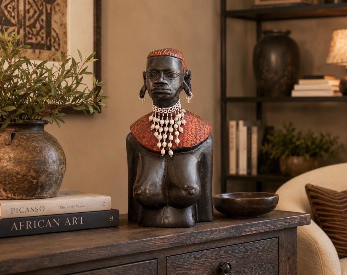 Large African Tribal Female Bust Sculpture, Hand Carved Ethnographic Art Figure photo for sale
