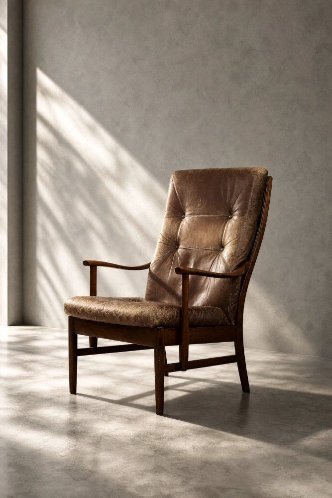 Vintage Danish High Chair In Beech And Brown Leather From Farstrup Møbler, 1970s