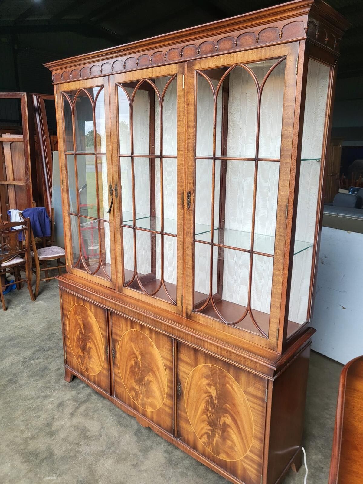 photo for sale Antique Repro Large 3 Door Glazed Bookcase Cabinet Shelves