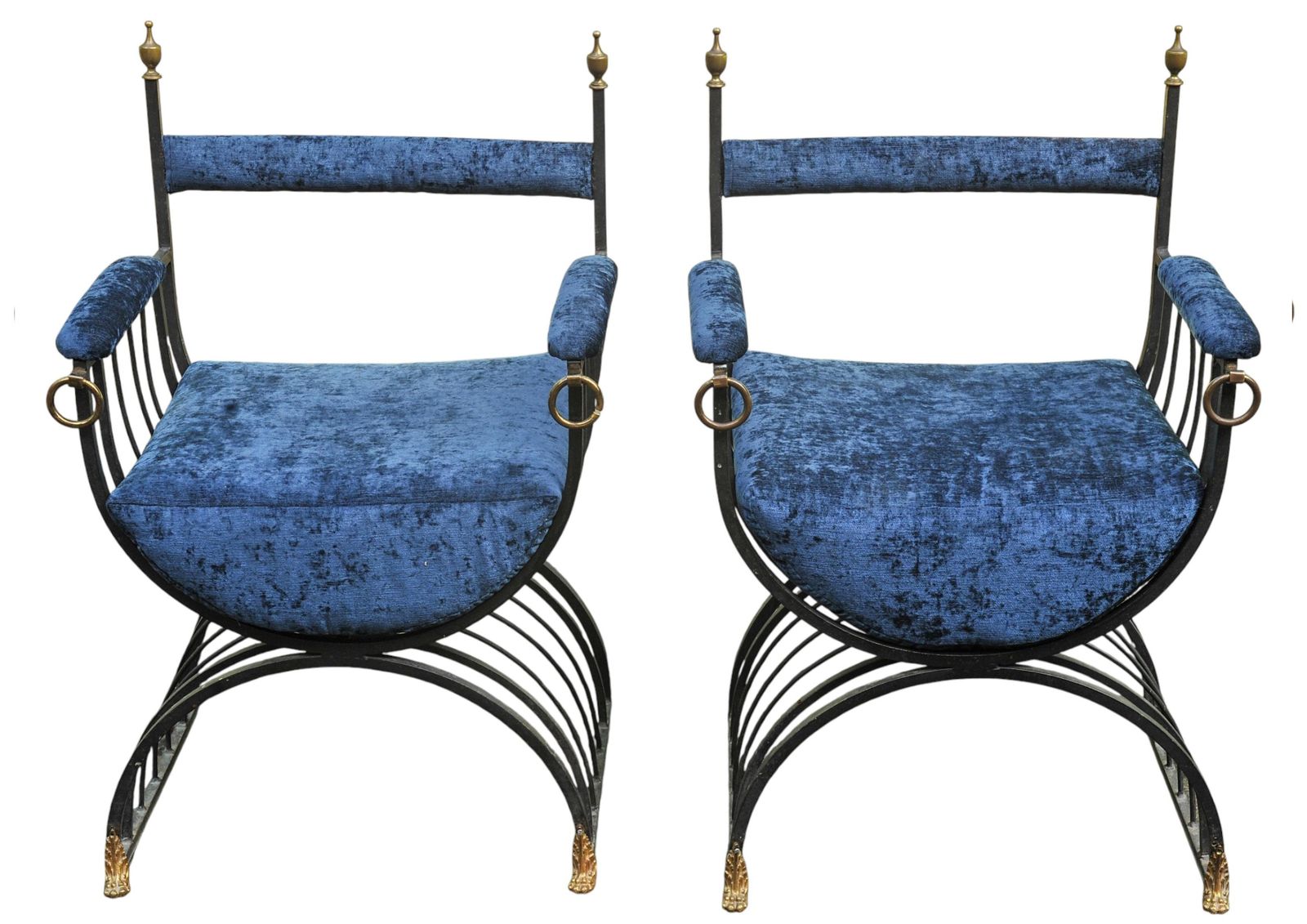 Pair Of Mid Century Savonarola Chairs With Blue Velvet Upholstery photo Furniture