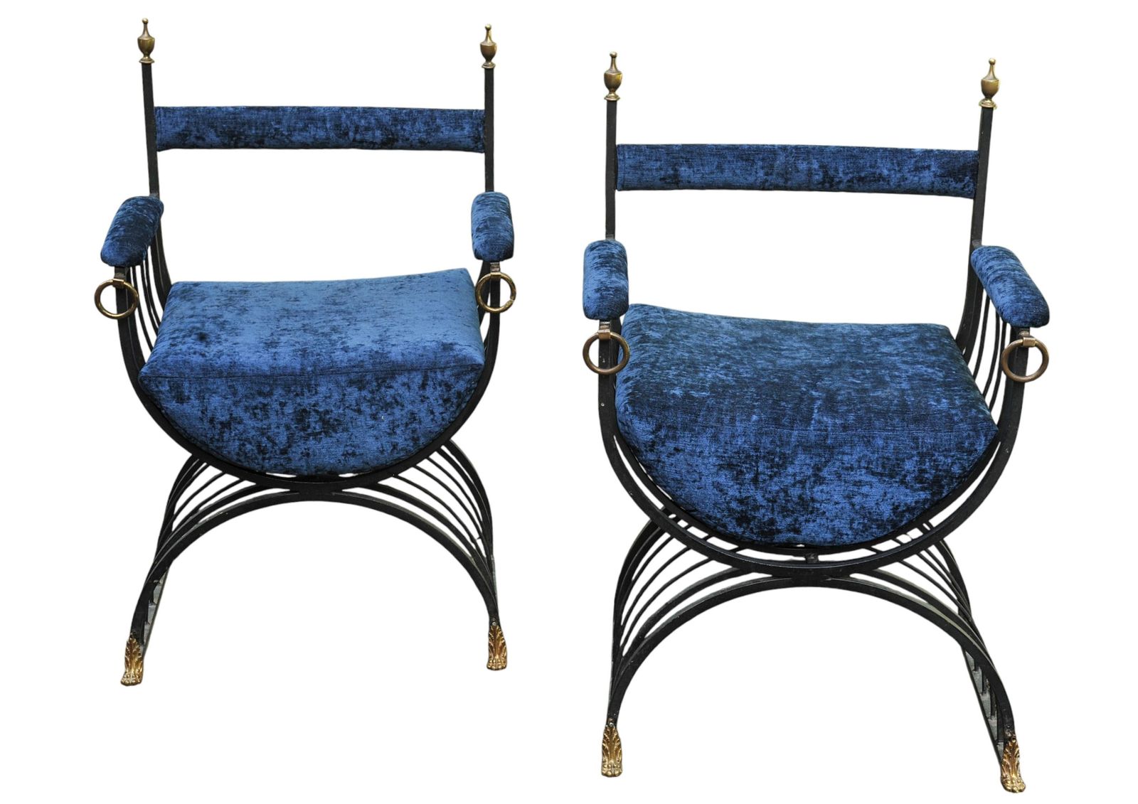 Pair Of Mid Century Savonarola Chairs With Blue Velvet Upholstery photo for sale