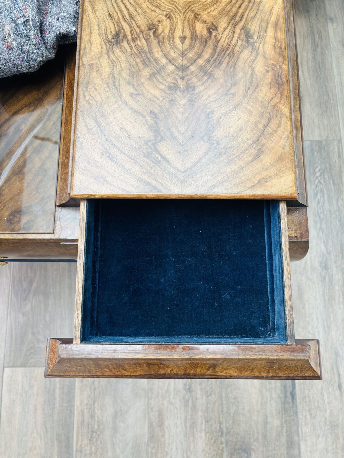 Art Deco Walnut Burr And Navy Dressing Table photo for sale