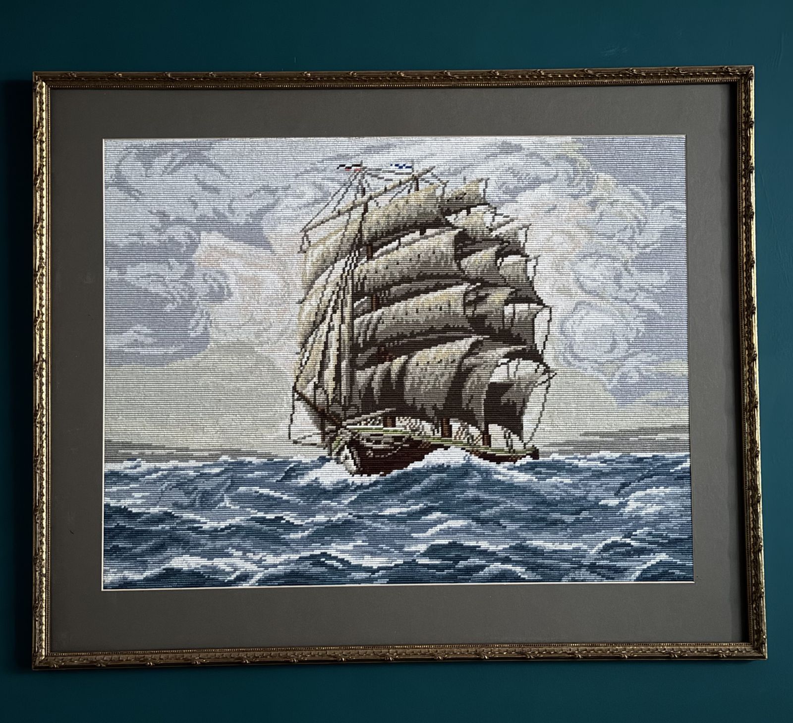 Large Vintage Wiehler Gobelin Tapestry "On High Seas" – Professionally Framed Mid Century Maritime Artwork photo furniture