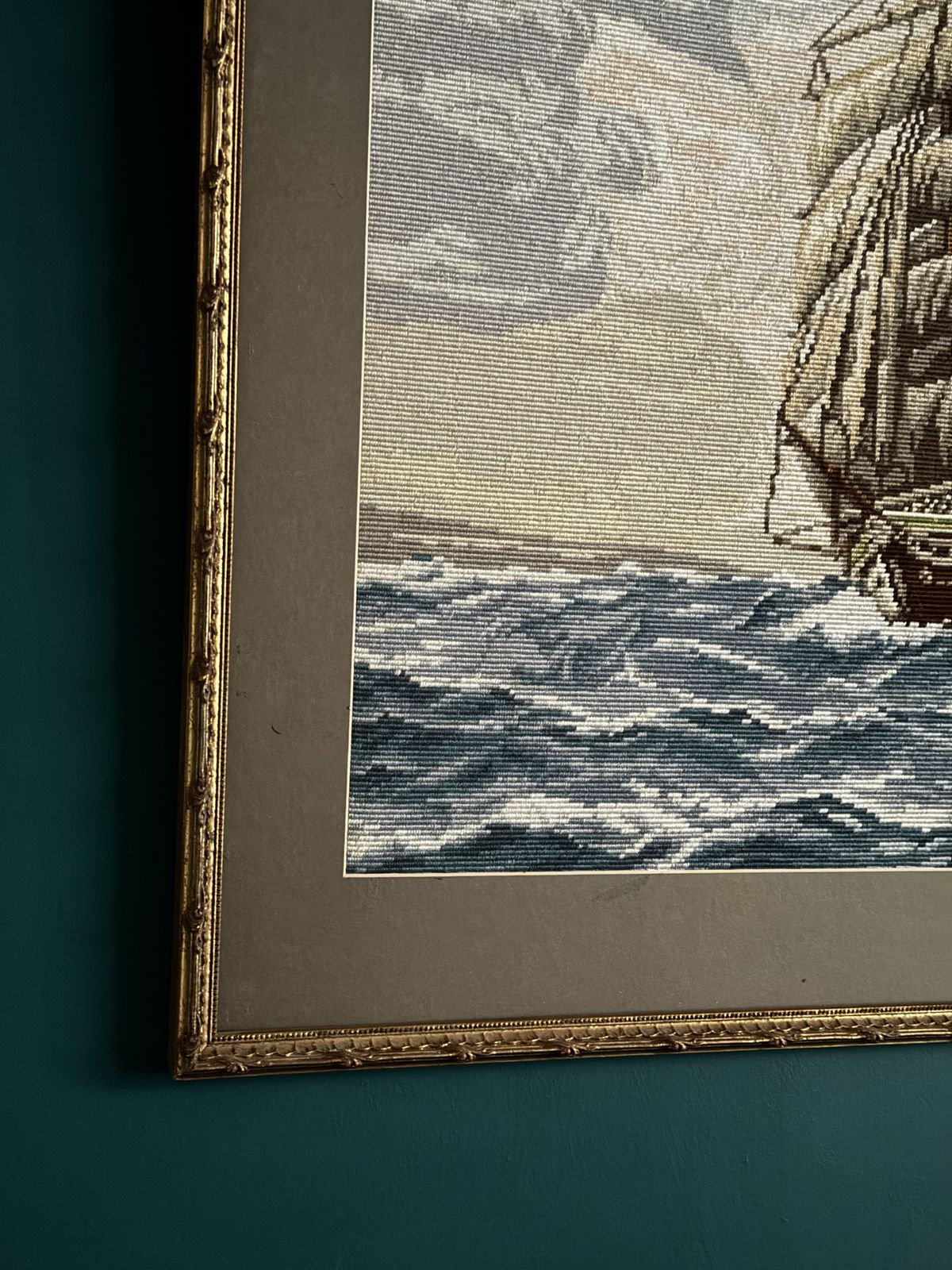 Large Vintage Wiehler Gobelin Tapestry "On High Seas" – Professionally Framed Mid Century Maritime Artwork photo for sale