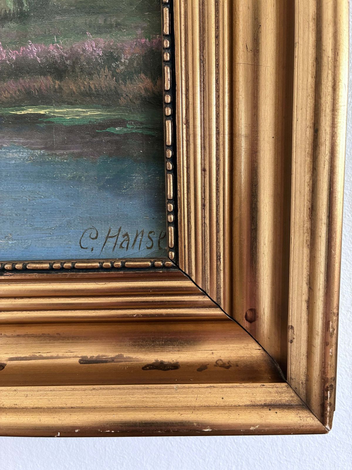 Vintage olieverfschilderij met rivierlandschap photo furniture