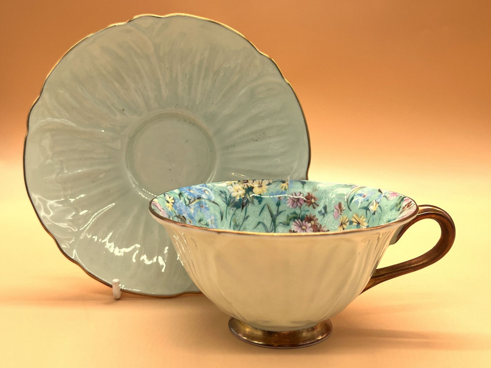 Vintage Shelley Melody Chintz Oleander Shape Tea Duo. Ca. 1945-66. 13412. photo for sale