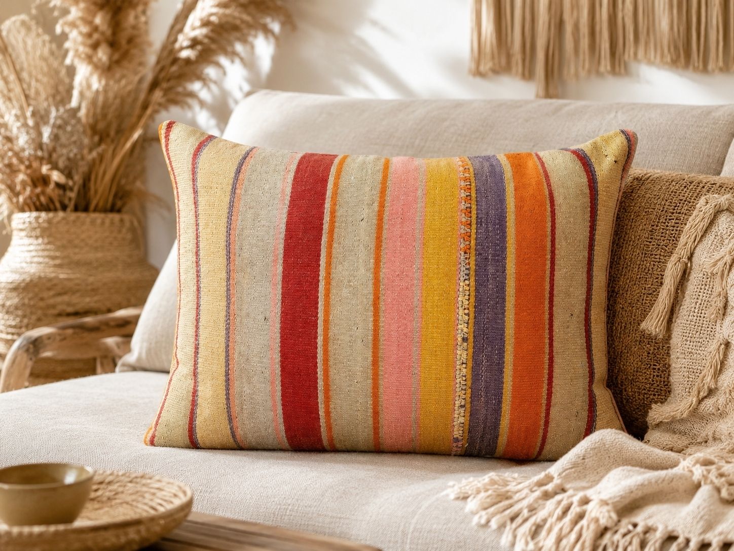 40x60 Cm Hand Woven Kilim Cushion Cover. Colorful Striped Lumbar Pillow Cover