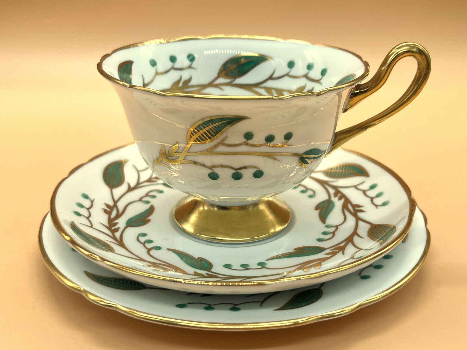 photo for sale Vintage Shelley China Laurel Gainsborough Shape Tea Cup, Saucer And Side Plate Trio. C1950. 13577.