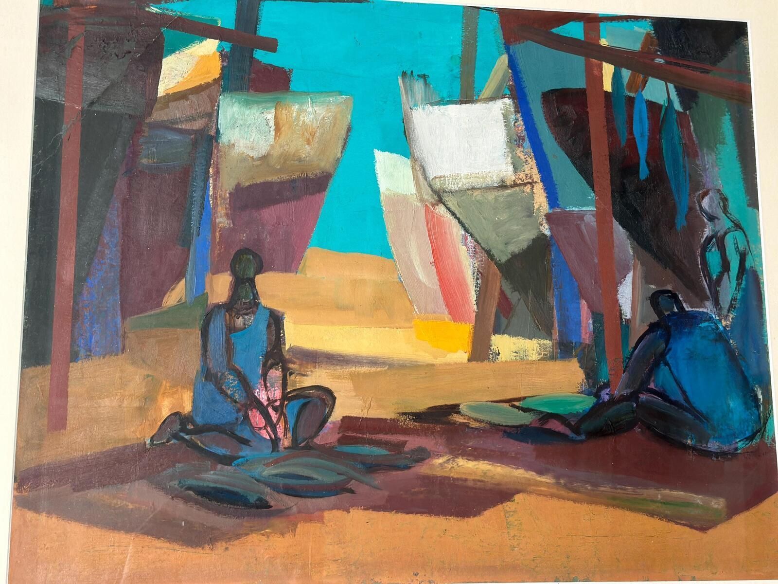 Art Original Swedish Oil On Cardboard – “Figures” – Signed – Vintage & Framed – 71 × 61 Cm (28" × 24") photo