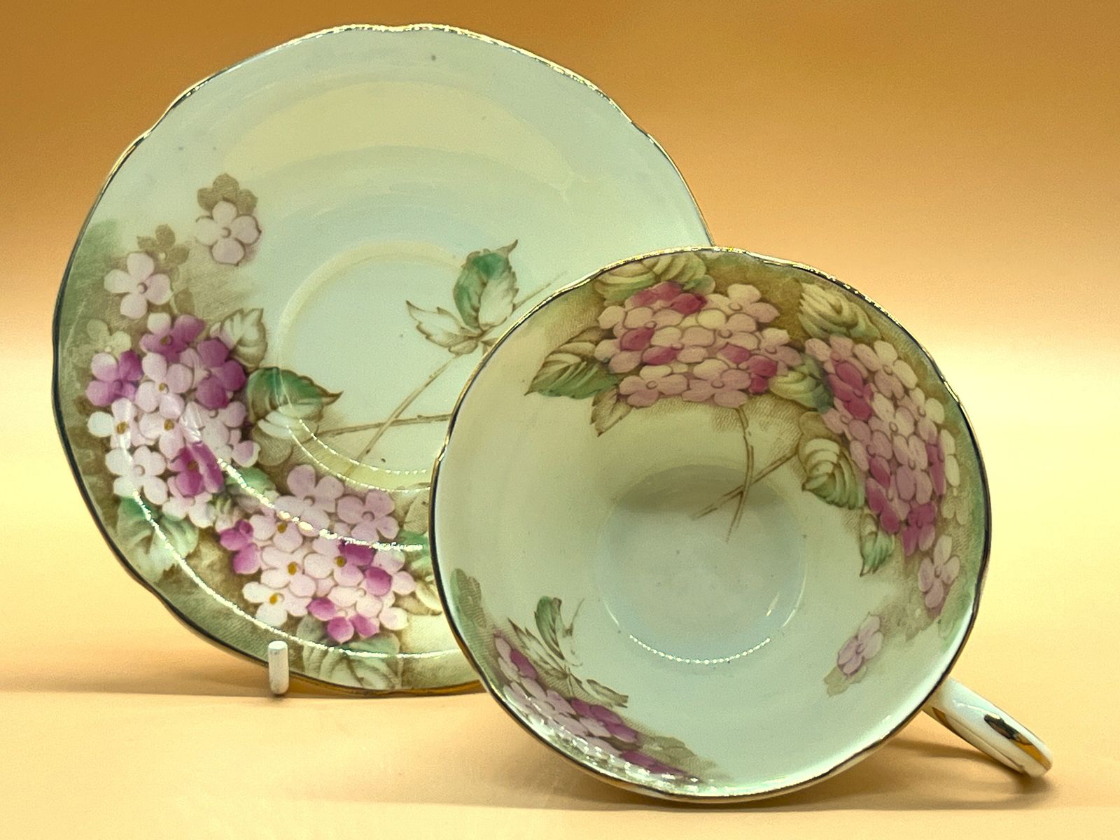 Paragon Double Warrant Queen Mary Pink Yellow Hydrangea Chintz Cabinet Cup & Saucer Duo.