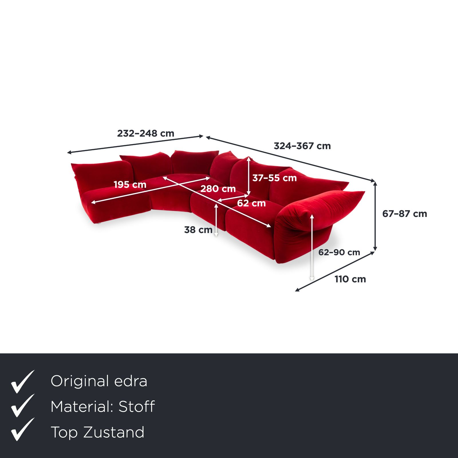 Edra Standard Stof Hoekbank Bordeauxrood Velours Chaise Links Manuele Functie photo furniture