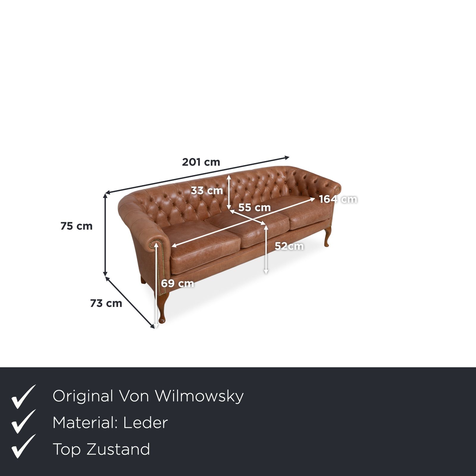 Von Wilmowsky Chesterfield Leather Three Seater Brown Sofa Vintage photo furniture