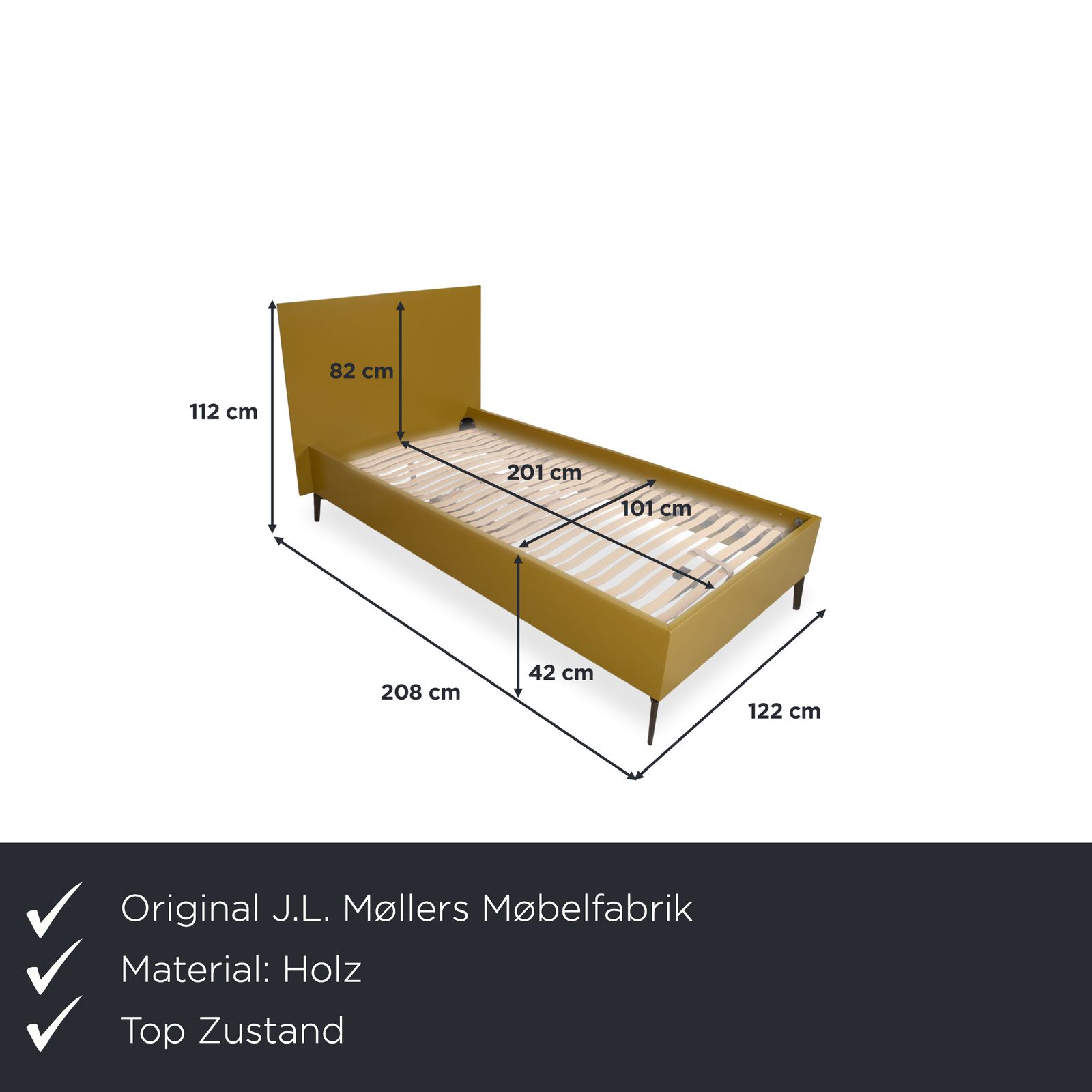 Lit J.L. Møllers Furniture Factory MD 13 en bois, jaune vert moutarde, chambre photo furniture