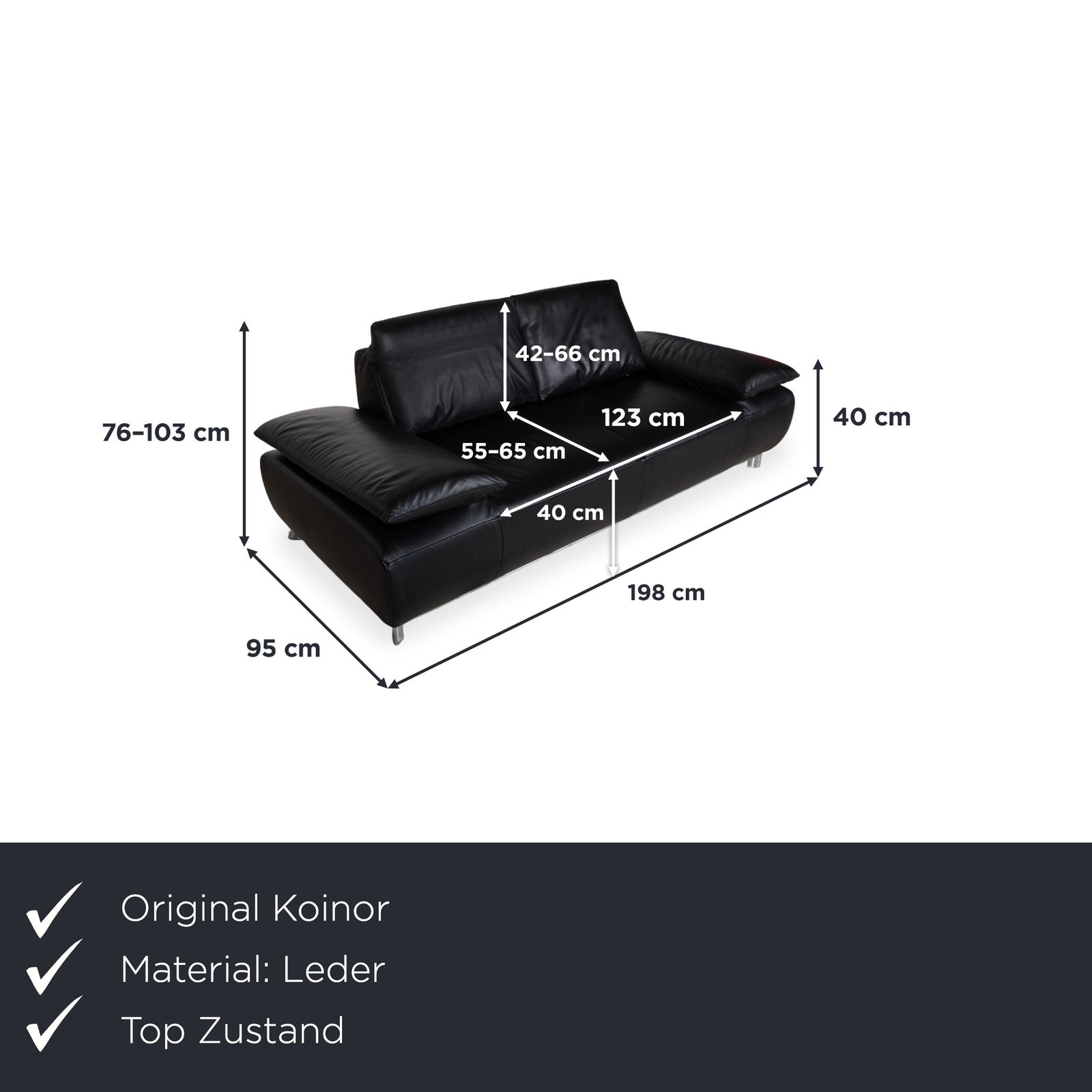 Canapé 2 places Koinor Volare en cuir noir, fonction manuelle photo furniture