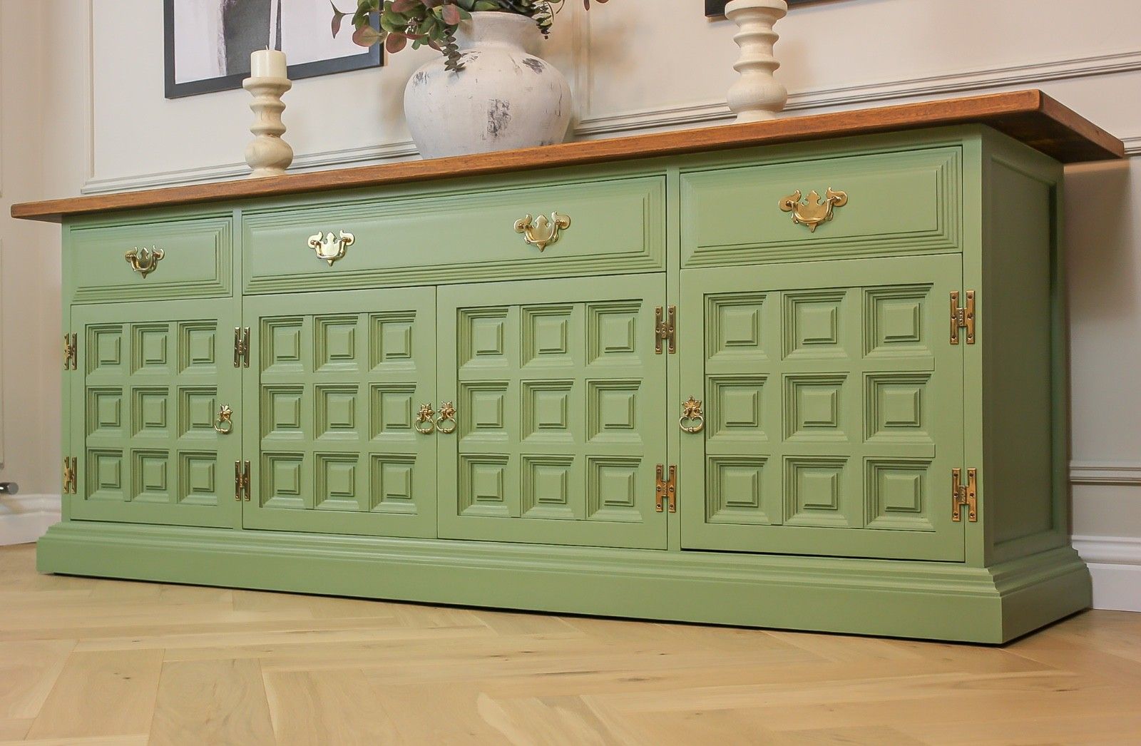 Large Antique Mid Century Solid Oak Sideboard Dresser Console Table Showhome photo vintage