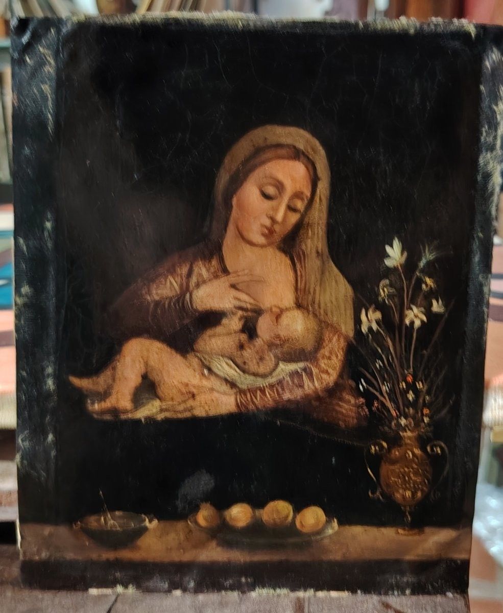 Antique Painting Madonna Del Latte Painted On Copper From The 18th Century (Italy)