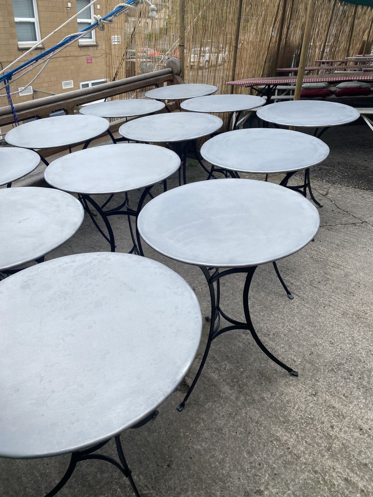French Vintage Large Round Zinc Top Garden Table 135cm Seat 6 8 photo 985.0