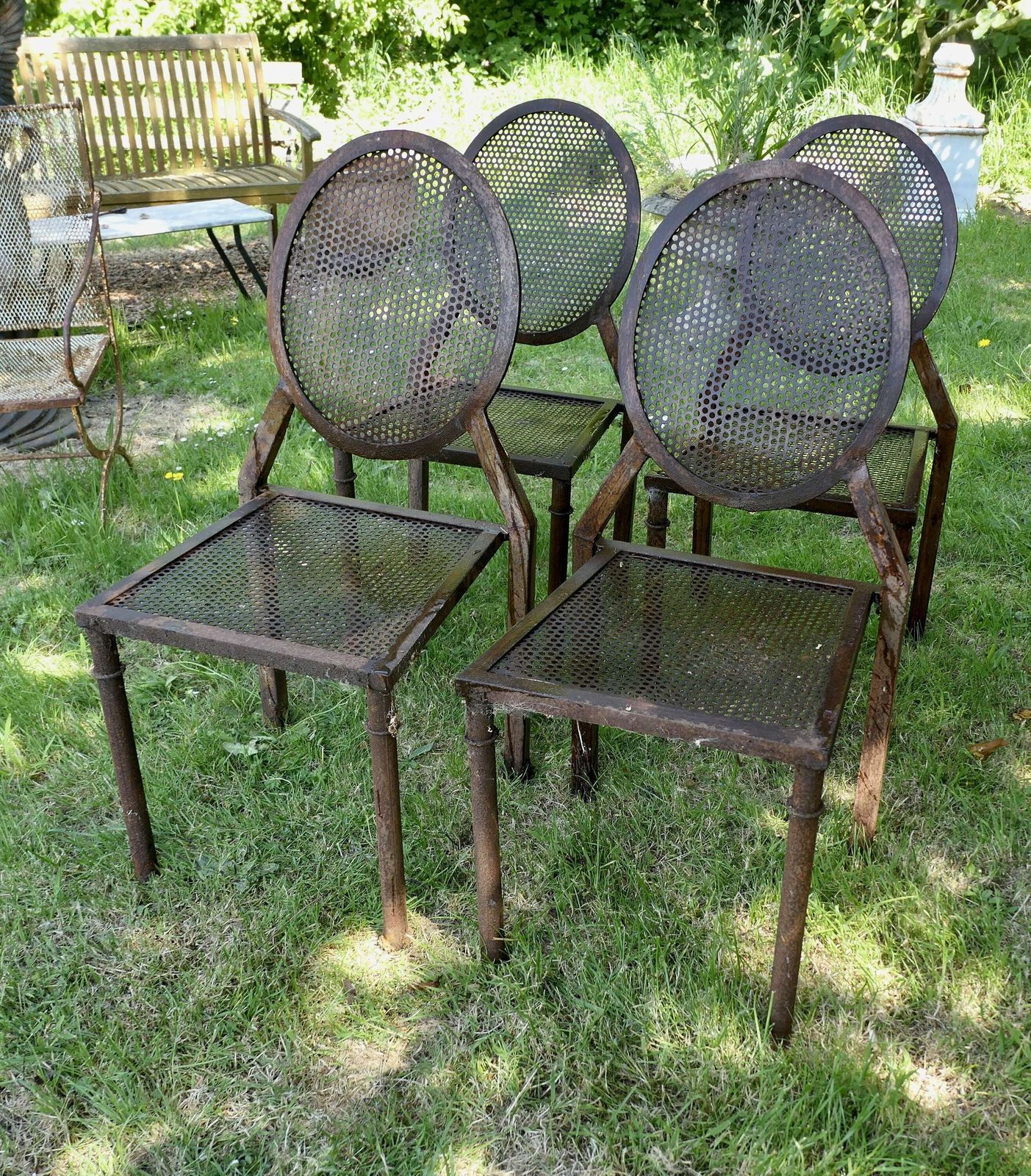 Set Of 4 Brutalist Style Iron Stacking Dining/Garden Chairs Great Pieces photo furniture