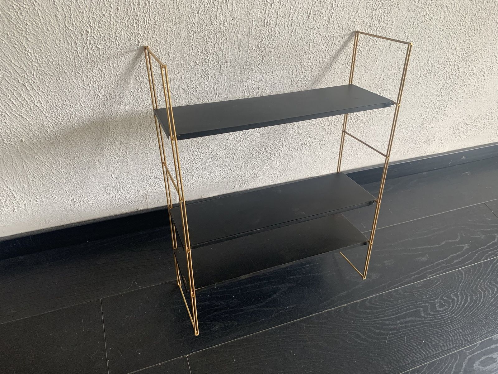 Vintage 1960s String Wall Shelf, Black And Gold   60 X 48 Cm