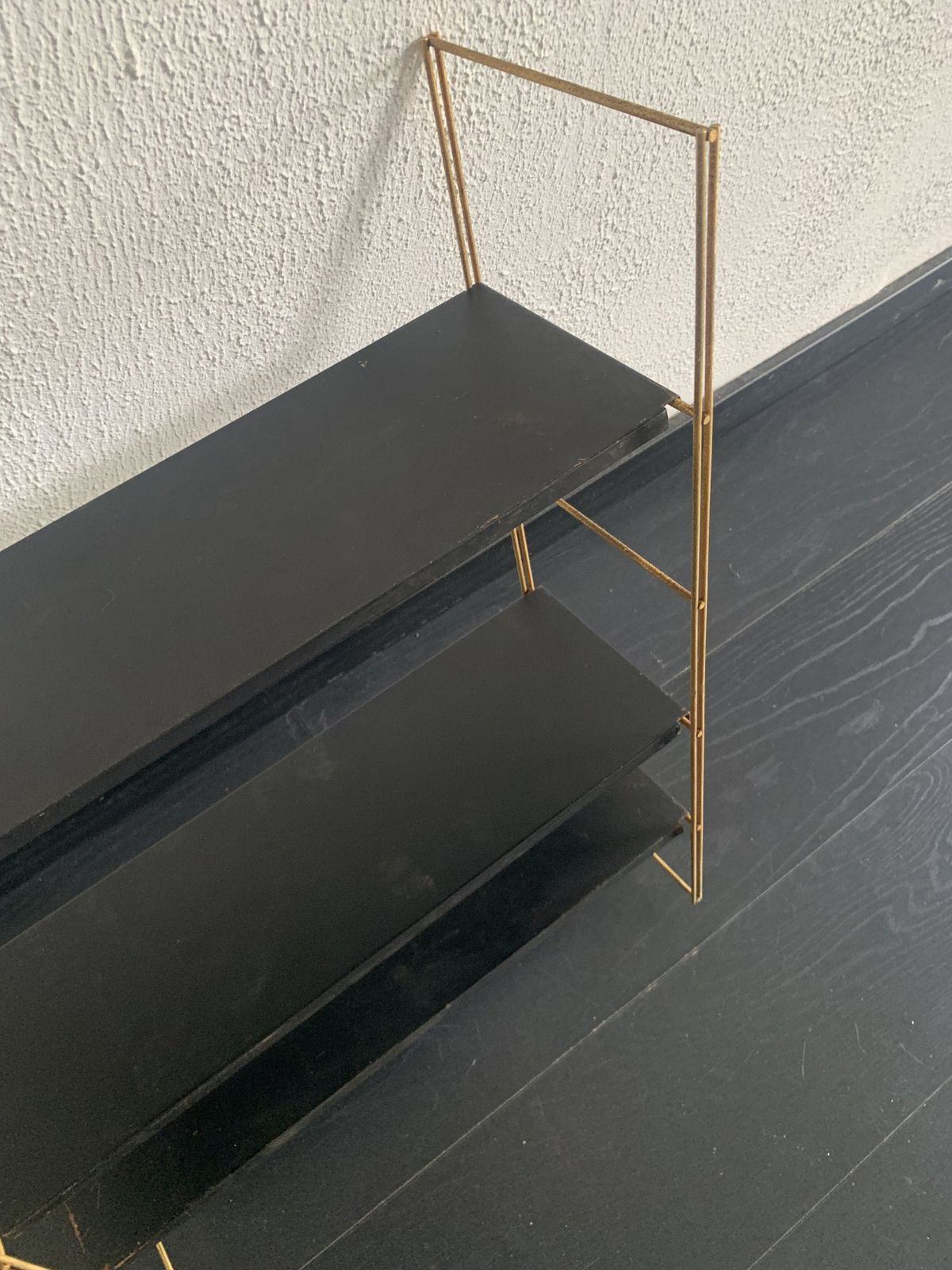 Vintage 1960s String Wall Shelf, Black And Gold   60 X 48 Cm photo vinterior