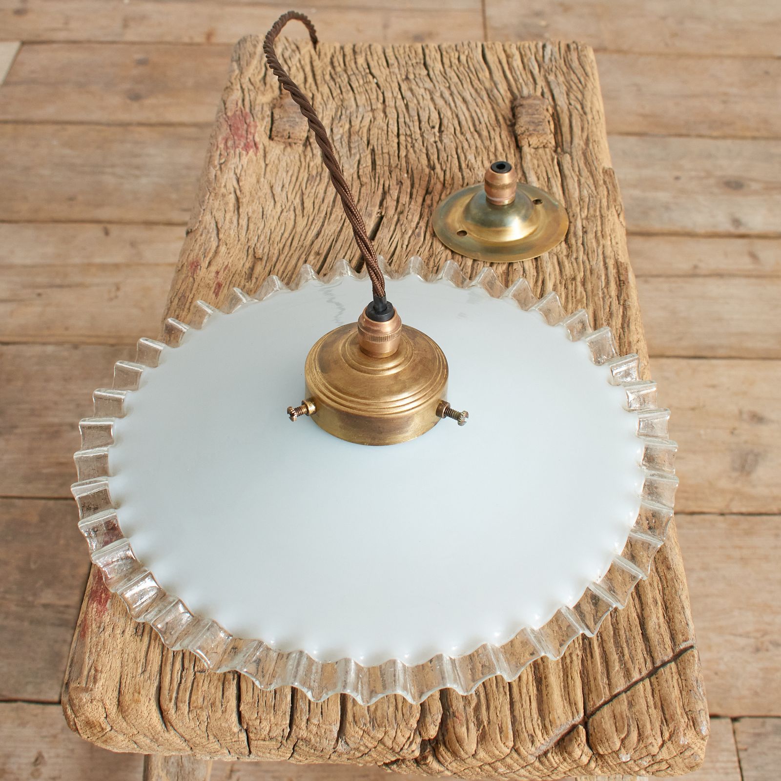 Antique French Coolie Milk Glass Kitchen Task Pendant Light  Frilly photo Lighting