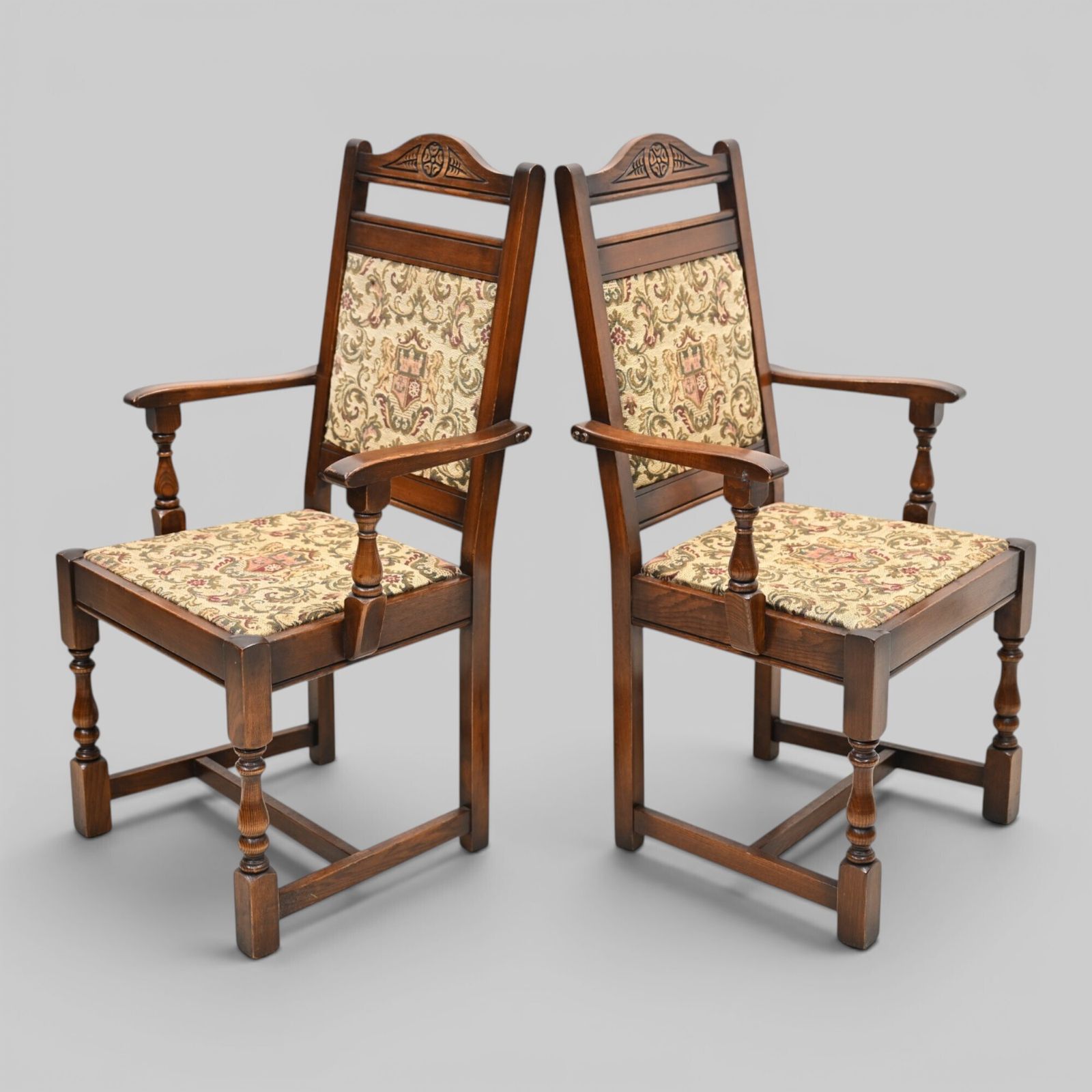 2 Old Charm Dining Chairs Carvers Light Oak Finish Tudor Fabric Free Uk Delivery photo furniture