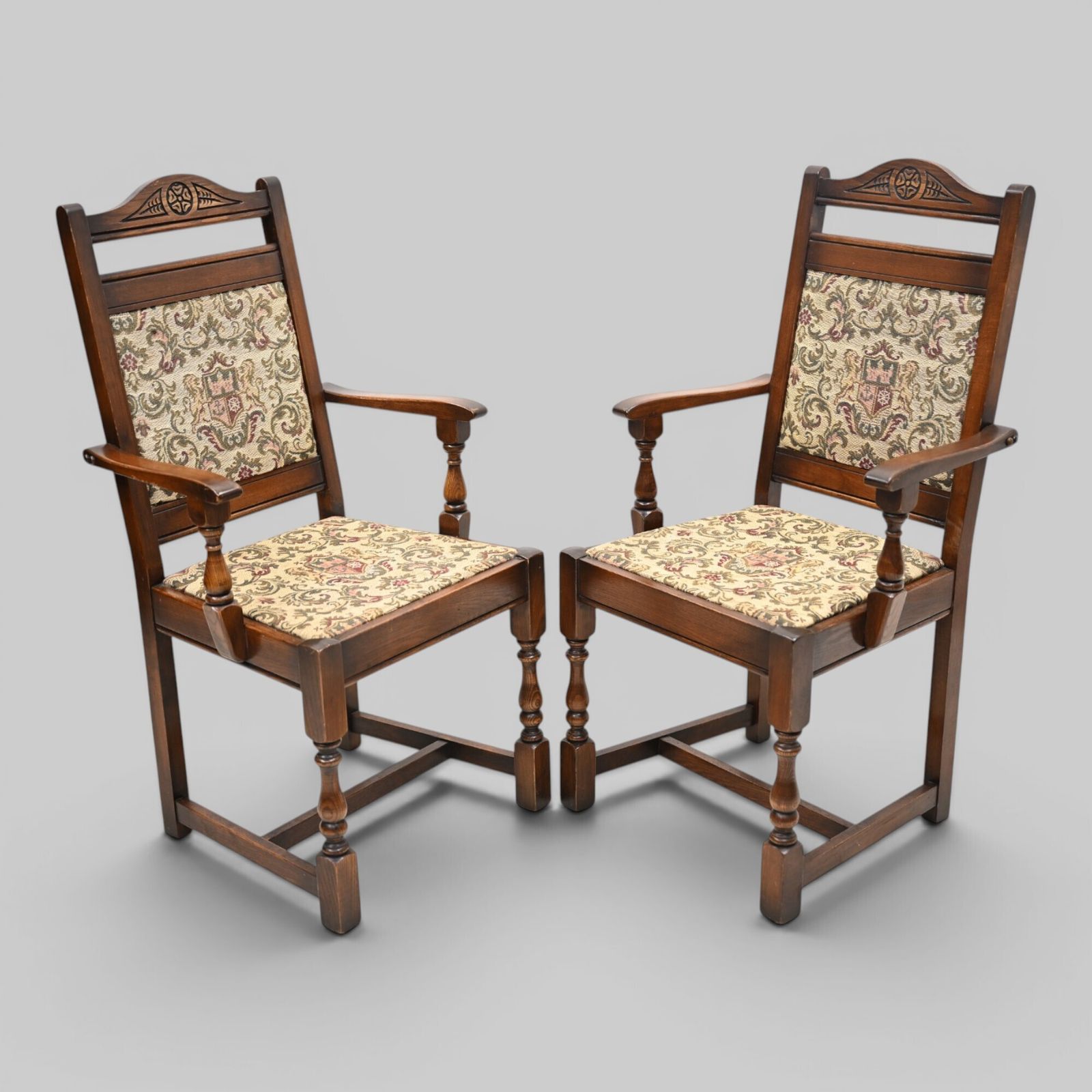 2 Old Charm Dining Chairs Carvers Light Oak Finish Tudor Fabric Free Uk Delivery photo vintage