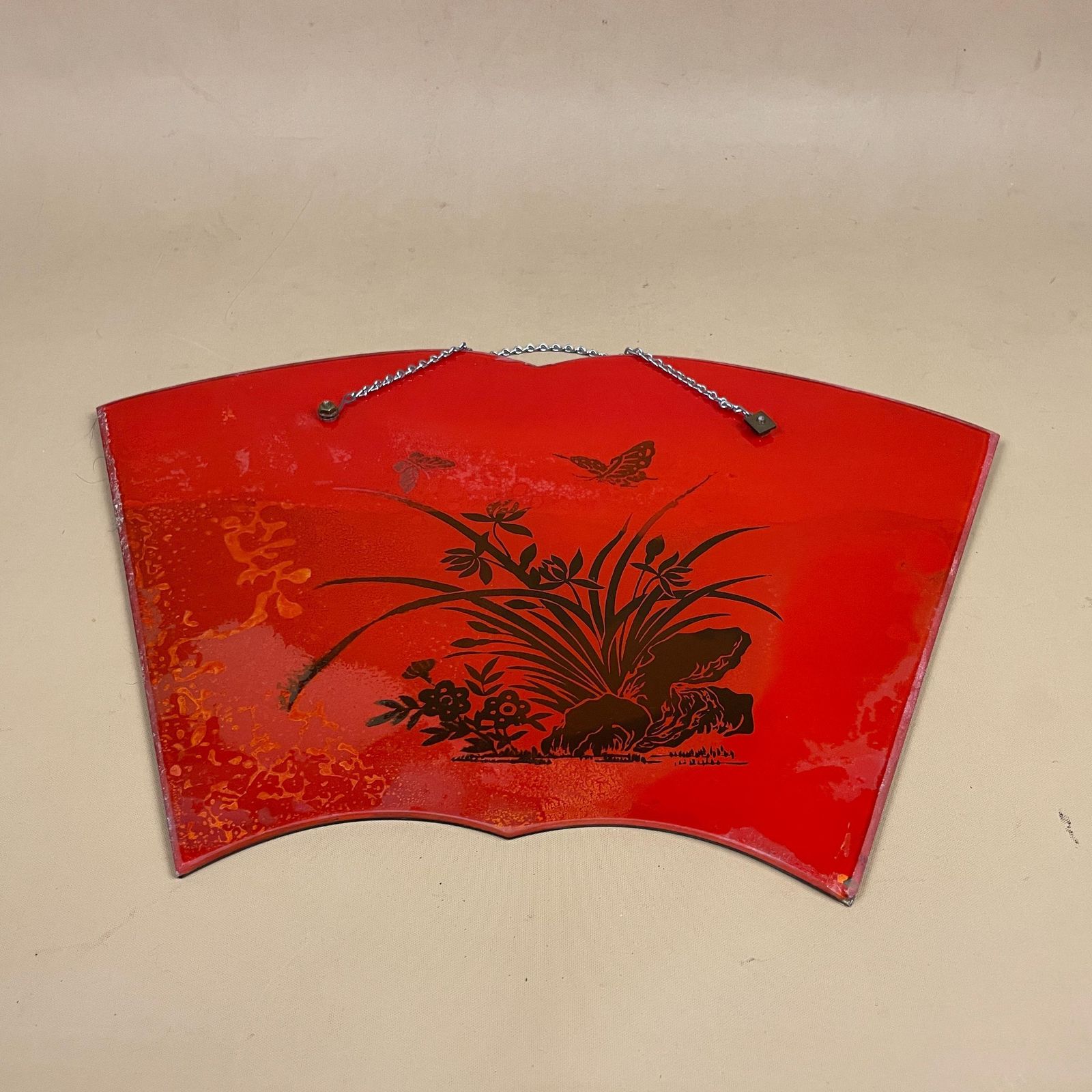 89.0 Fan Shape Wall Mirror Vintage Asian Oriental Small Hanging Mirror Red Black Back Painted Lacquer Decorative Mirror For Entryway Bedroom photo