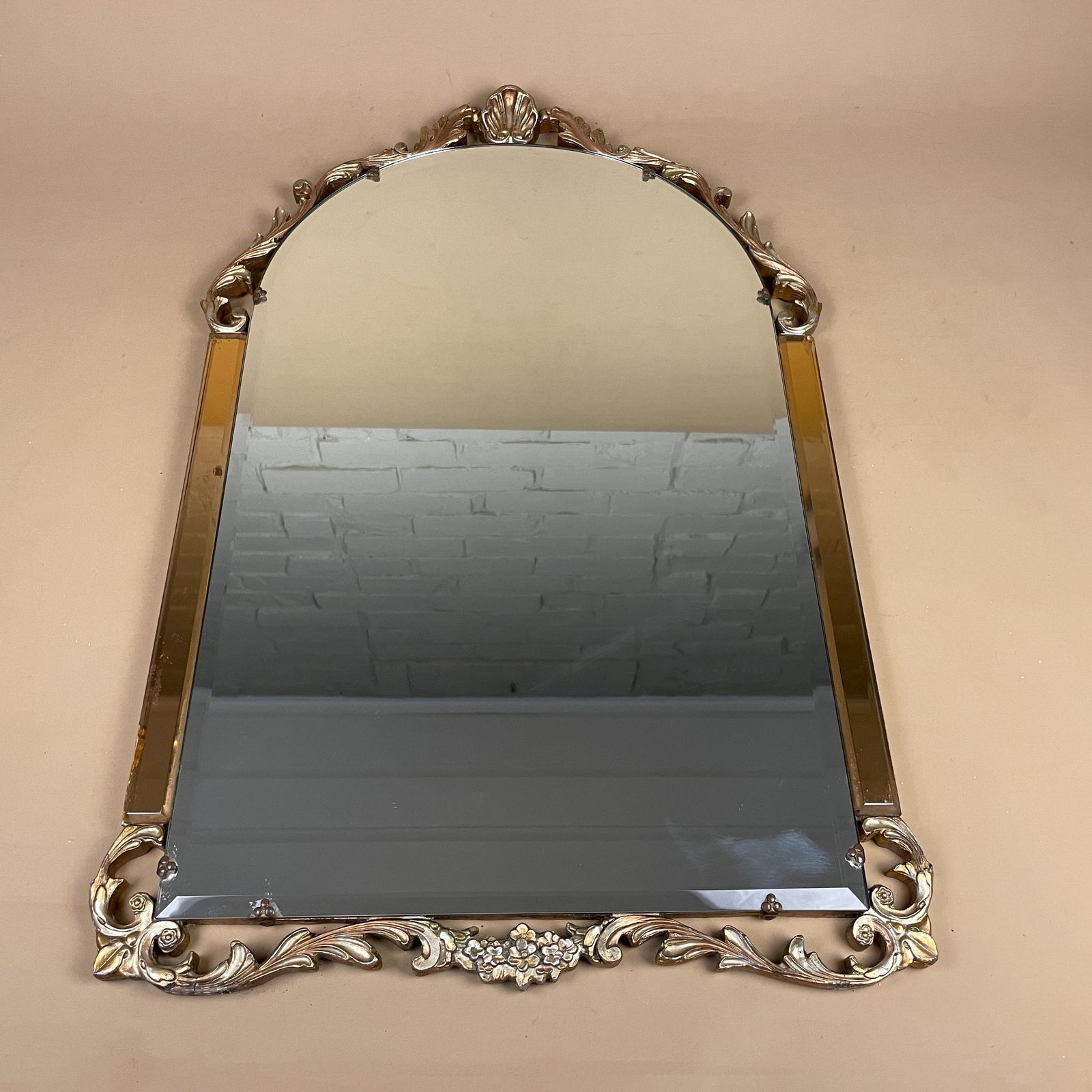 Vintage Atsonea Gold Wall Mirror Amber Bevelled Glass Arched Ornate Art Deco Hollywood Regency