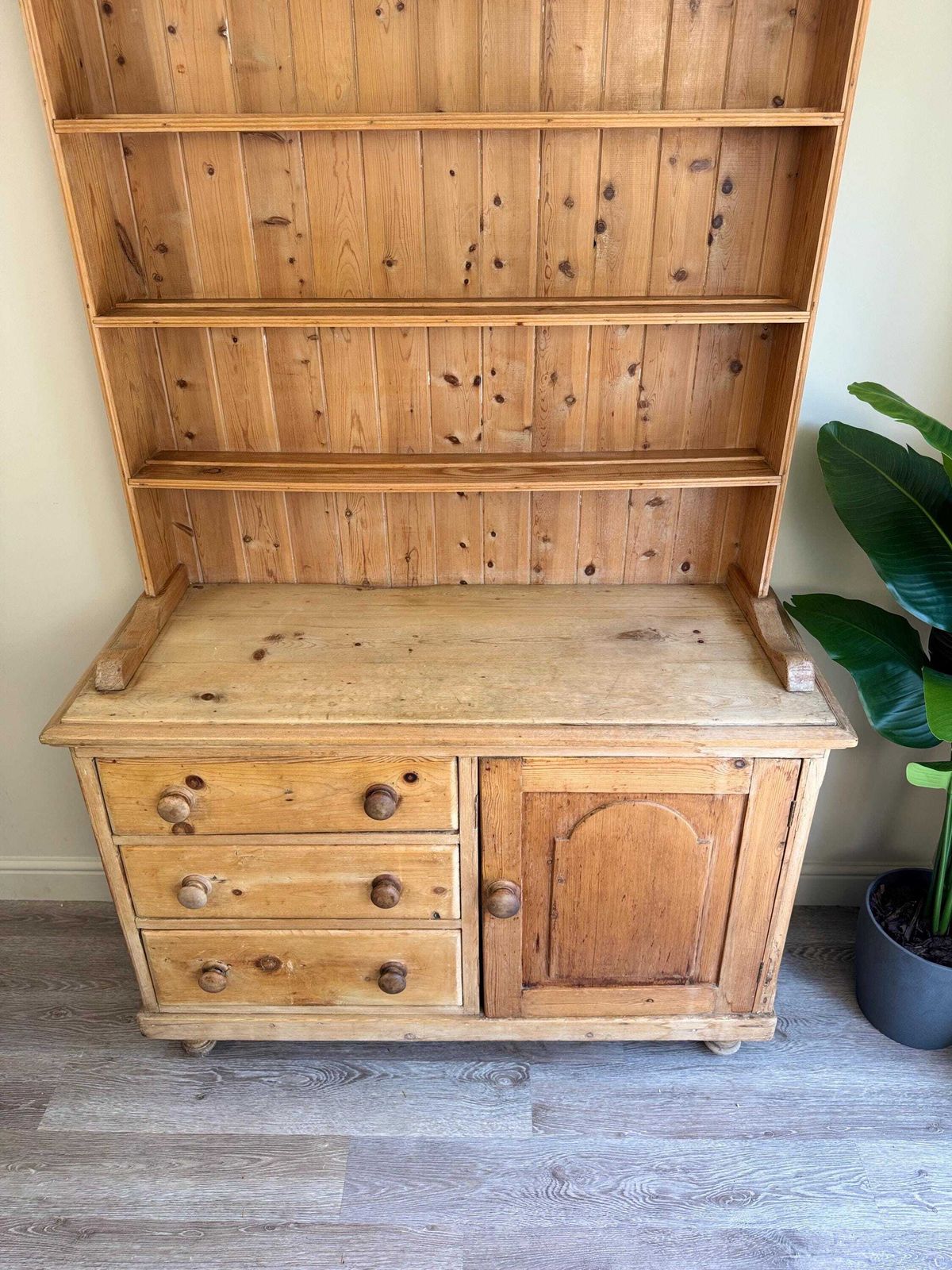 Antique Pine Dresser Sideboard With Shelving And Drawers – Rustic Farmhouse Cabinet photo 995.0