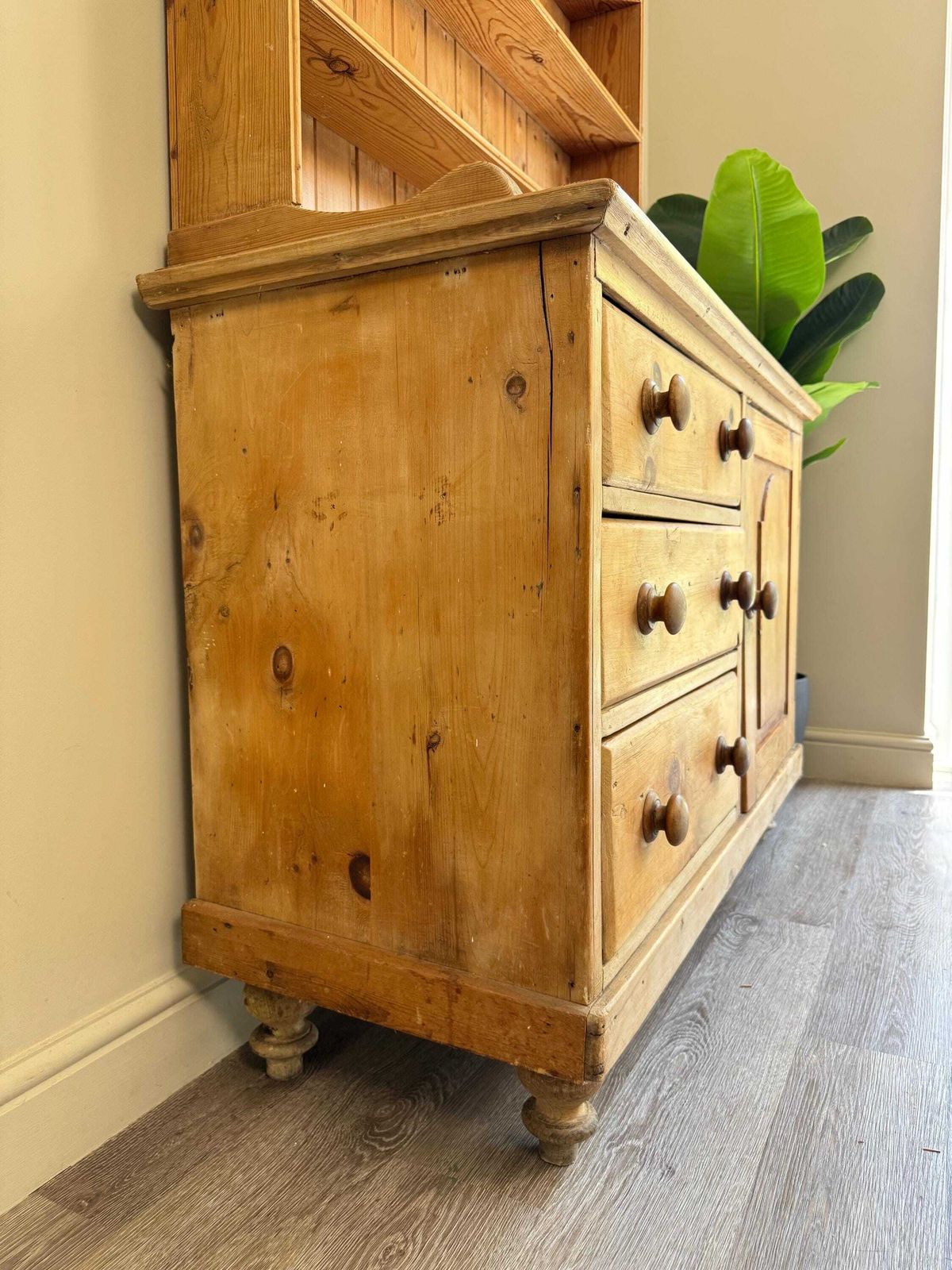 photo buy Antique Pine Dresser Sideboard With Shelving And Drawers – Rustic Farmhouse Cabinet