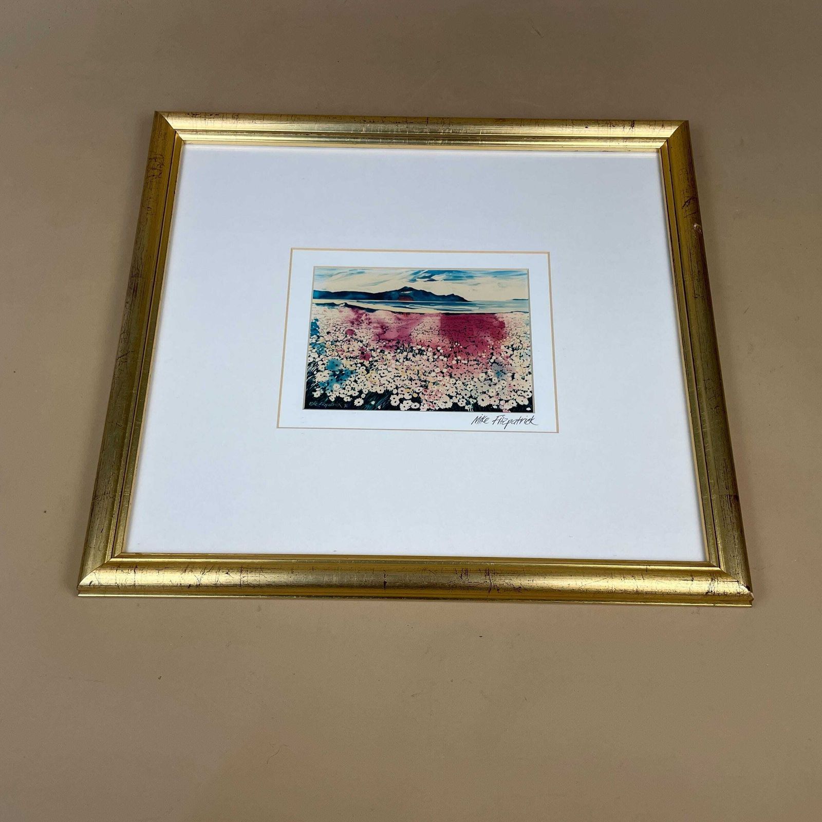 Cape Town Landscape Print Signed Mike Fitzpatrick 1993 Floral Field Framed Gold Wall Art South Africa Travel Art Collectible