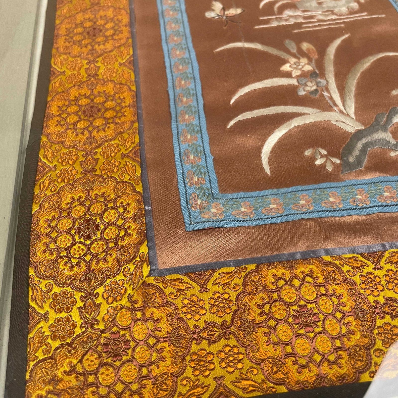 Oriental Japanese Embroidered Silk Picture Vintage Fabric Art Gold Wooden Frame Original Artwork Pink Floral Bird Orange Border photo 185.0