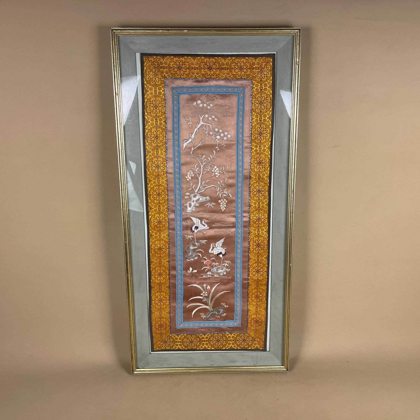 Oriental Japanese Embroidered Silk Picture Vintage Fabric Art Gold Wooden Frame Original Artwork Pink Floral Bird Orange Border photo buy