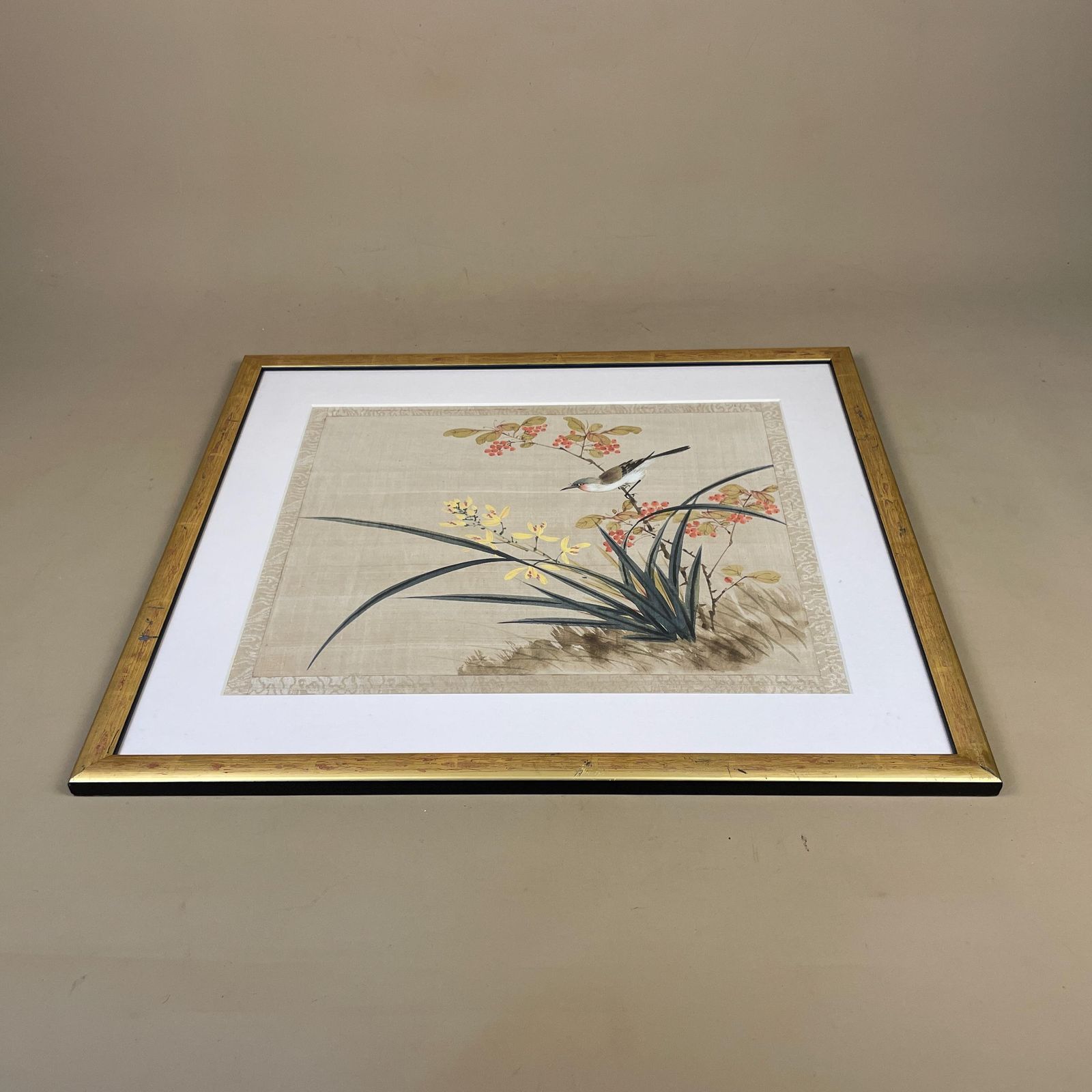 Asian Bird Floral Framed Art Picture Hand Painted Vintage Gold Frame Wall Hanging Japanese Style photo Art