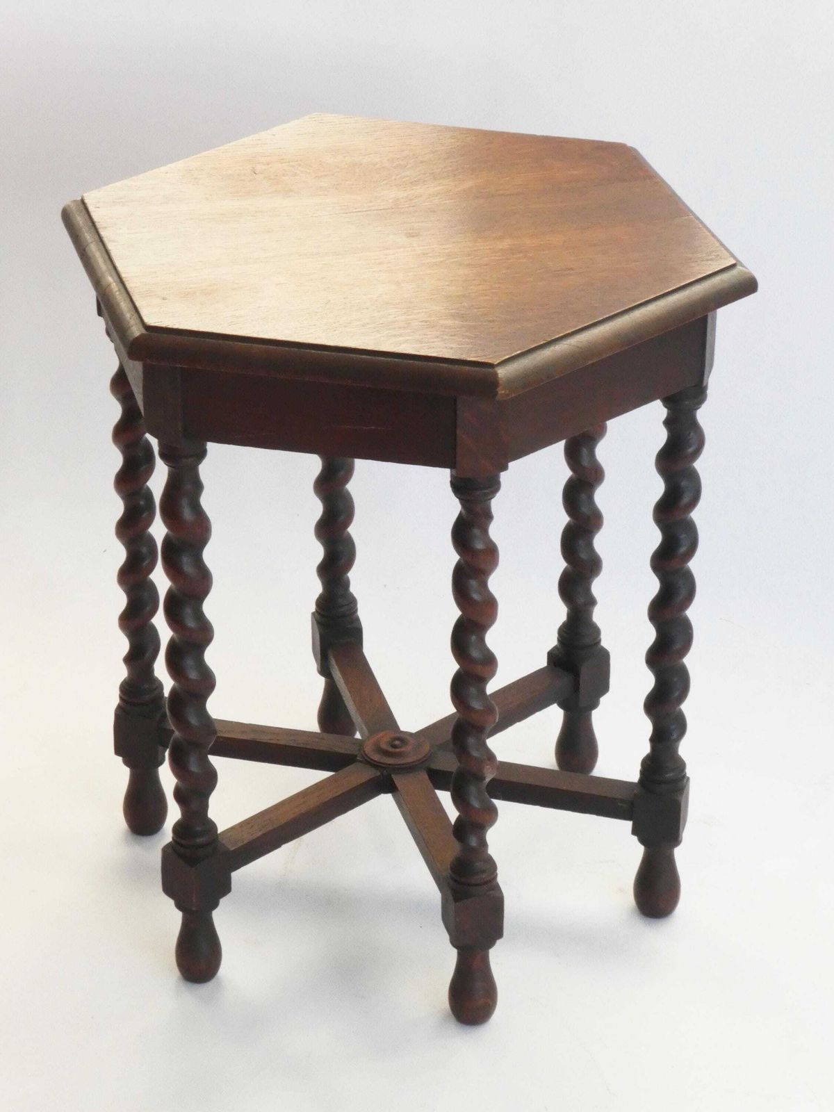 Hexagonal Antique Barley Twist Table, Wooden Plant Stand With Barley Twist, Farmhouse Decor photo furniture