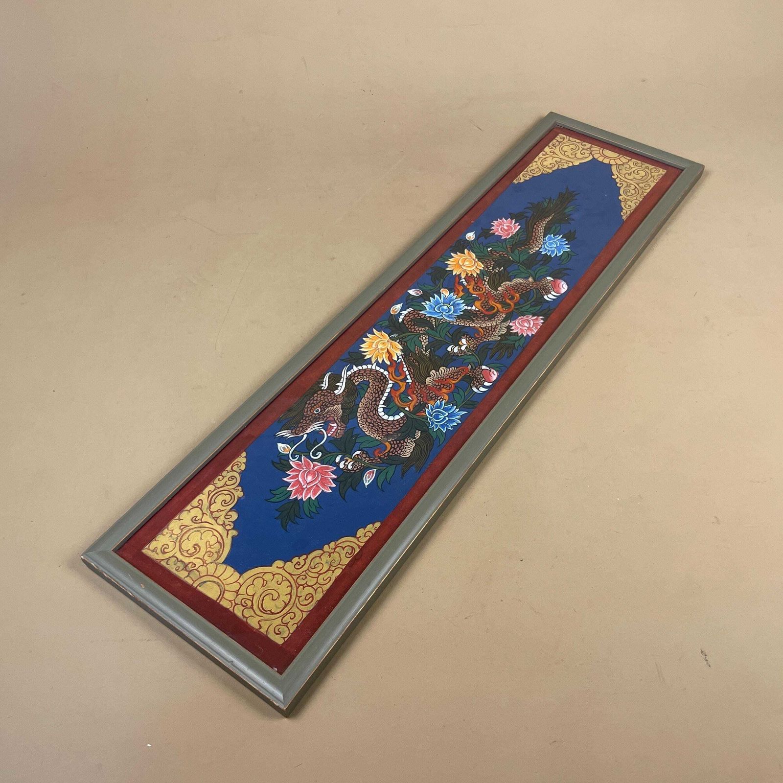 Hand Painted Dragon Picture Framed Paper Asian Wall Decor Blue Floral Chinese Style Oriental Art Artwork photo vinterior